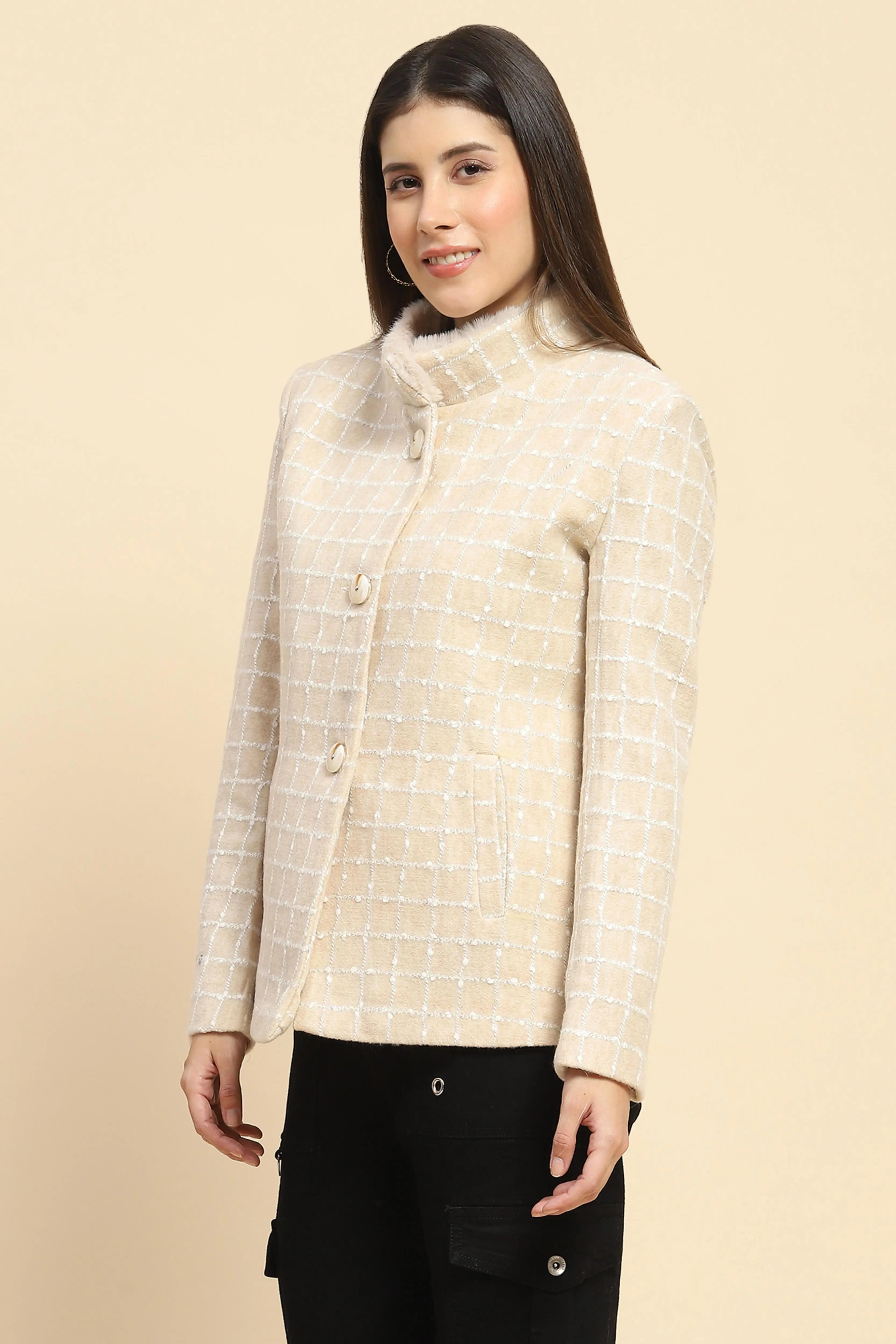 Beige  Acrylic Check Winter Coat - Global Republic