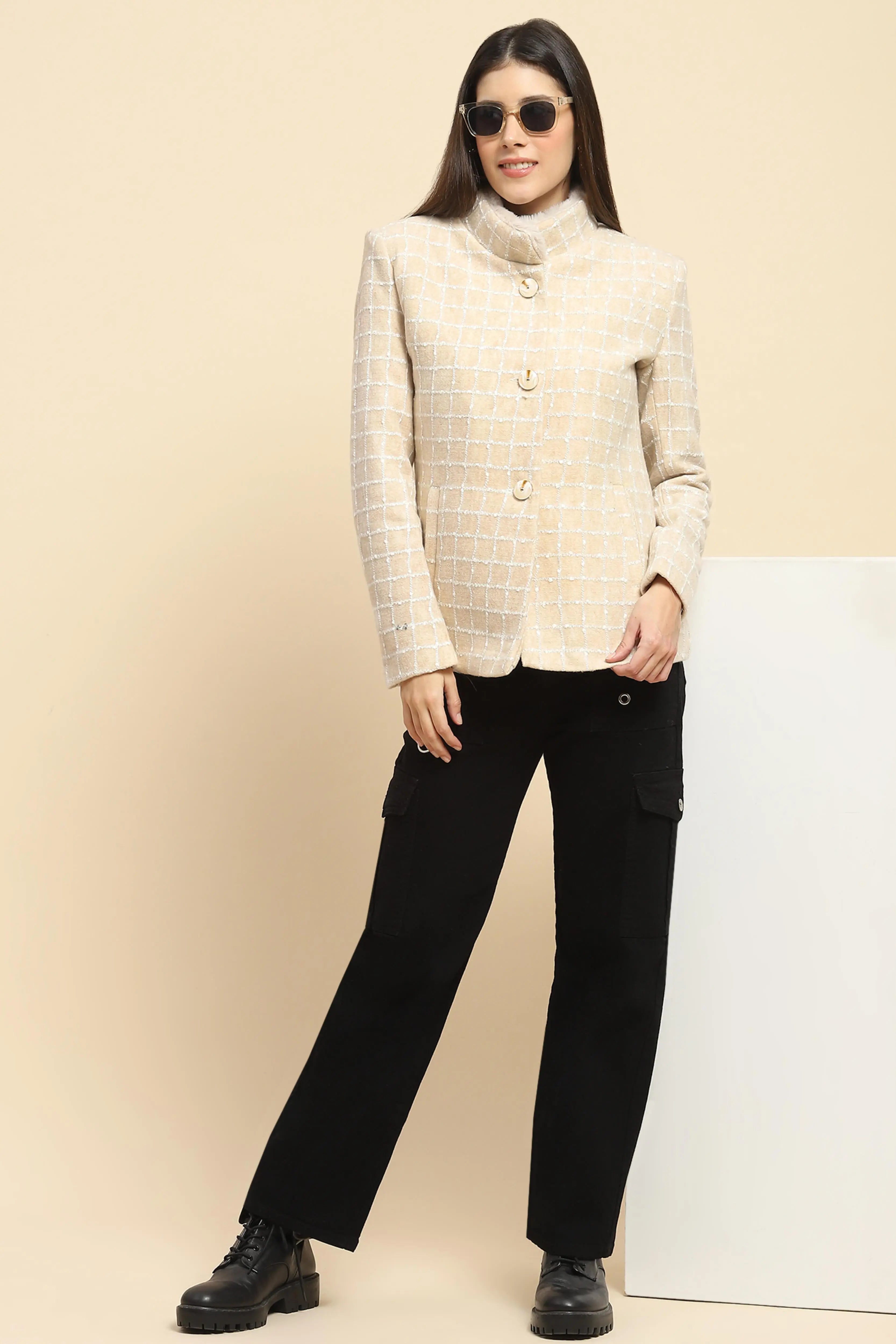 Beige  Acrylic Check Winter Coat - Global Republic