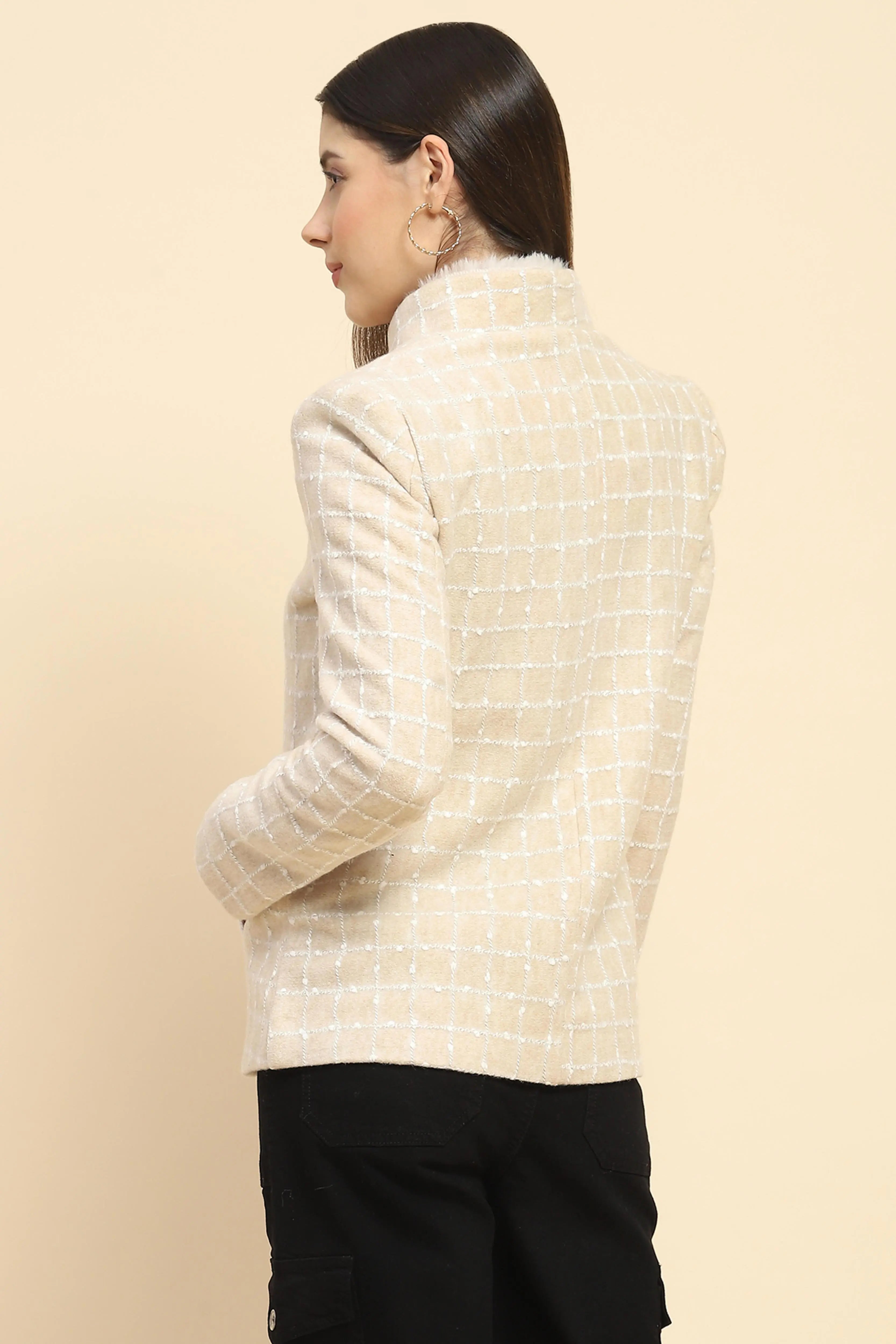 Beige Acrylic Check Winter Coat - Global Republic