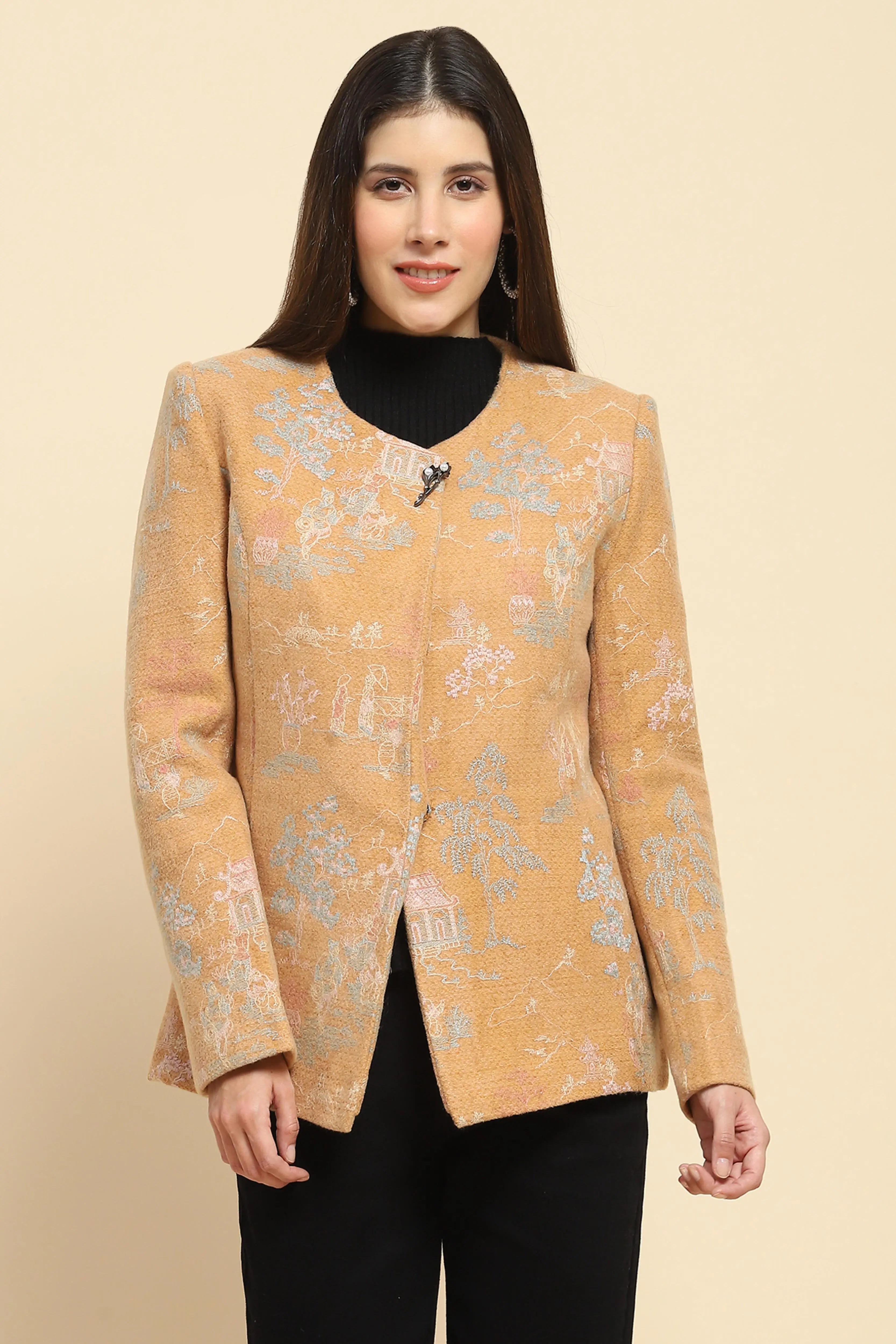 Tan  Acrylic Embroidered Winter Coat - Global Republic