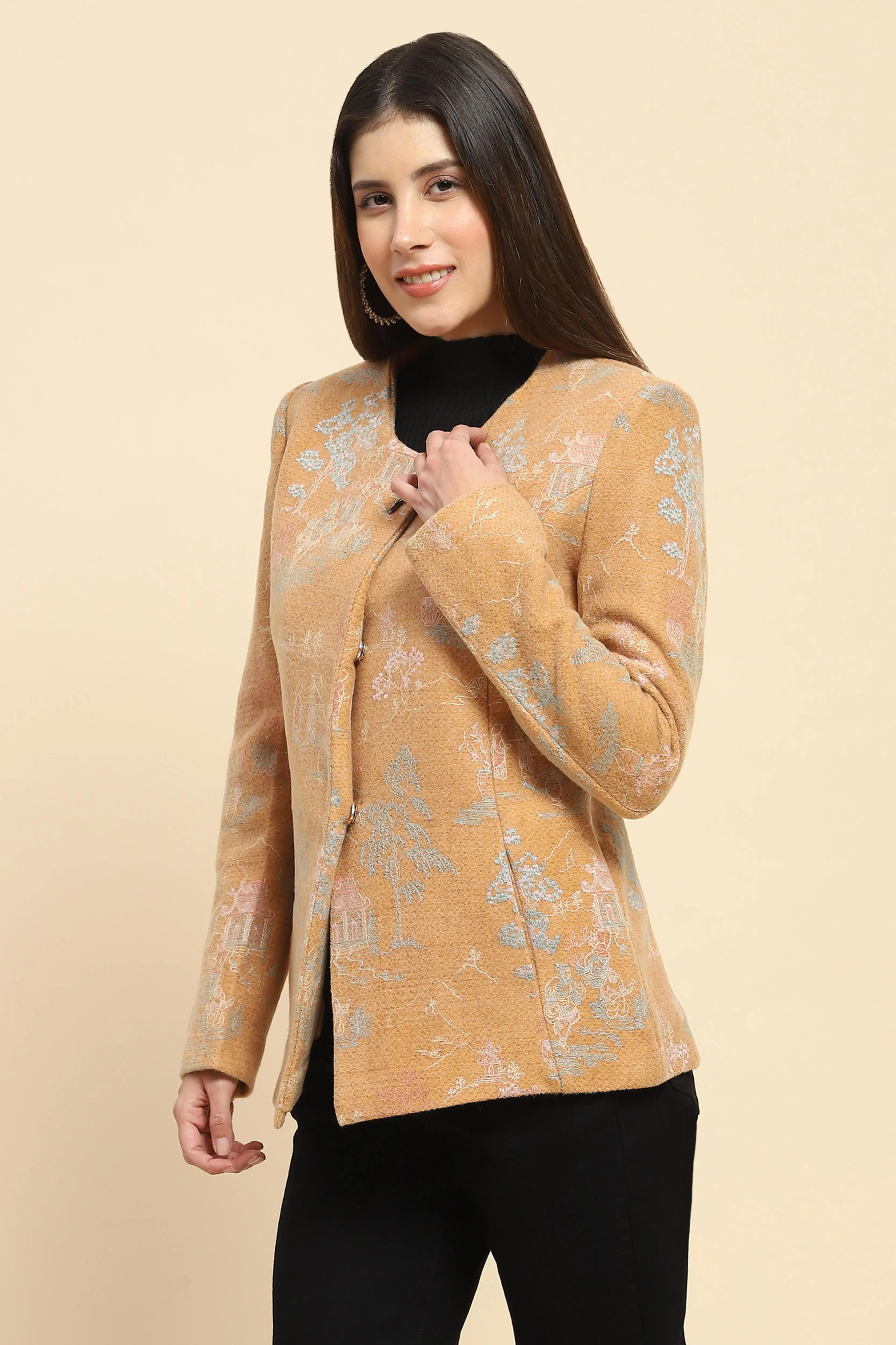 Tan  Acrylic Embroidered Winter Coat - Global Republic