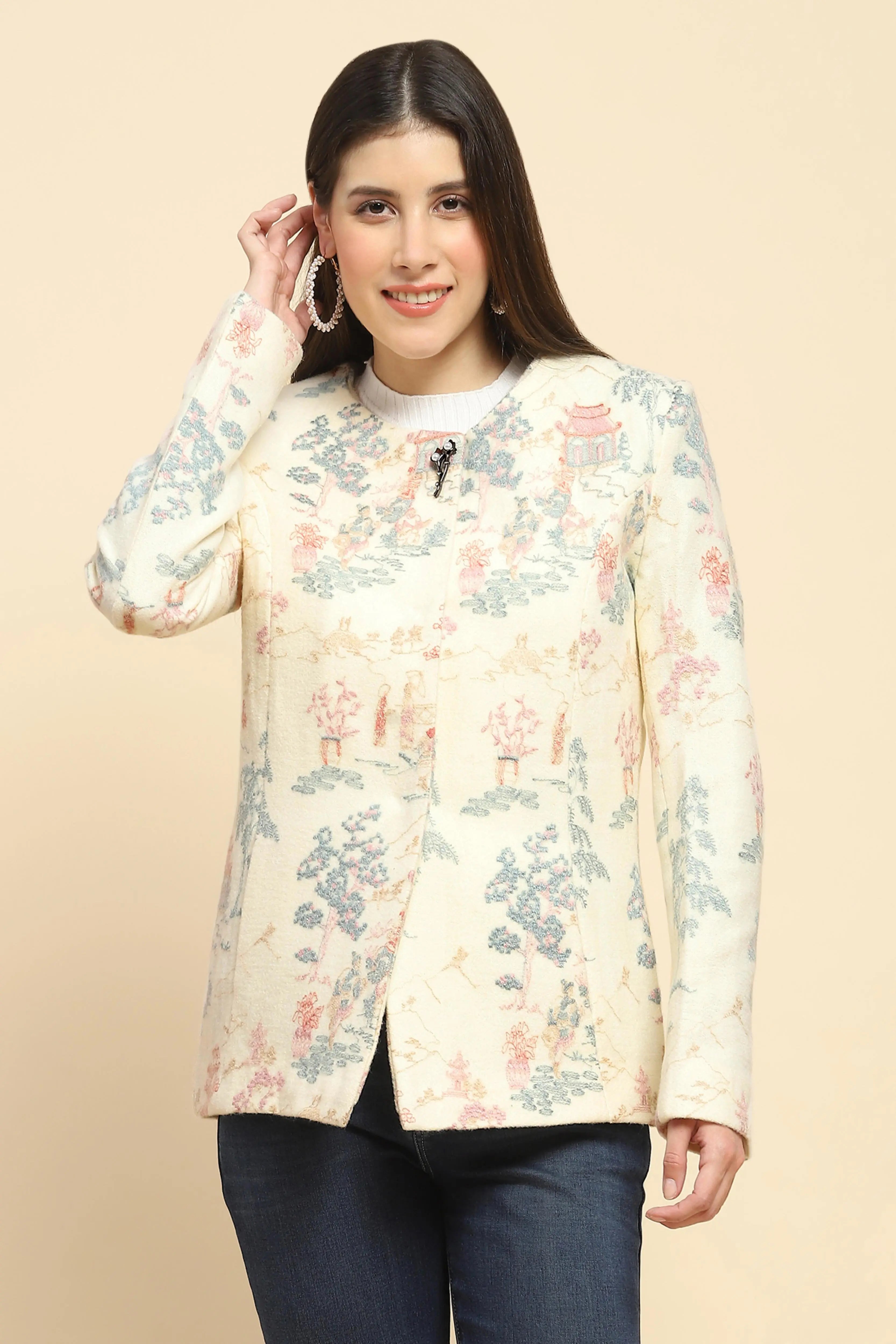 Cream  Acrylic Thread Embroidered Regular Fit Coat For Winter - Global Republic