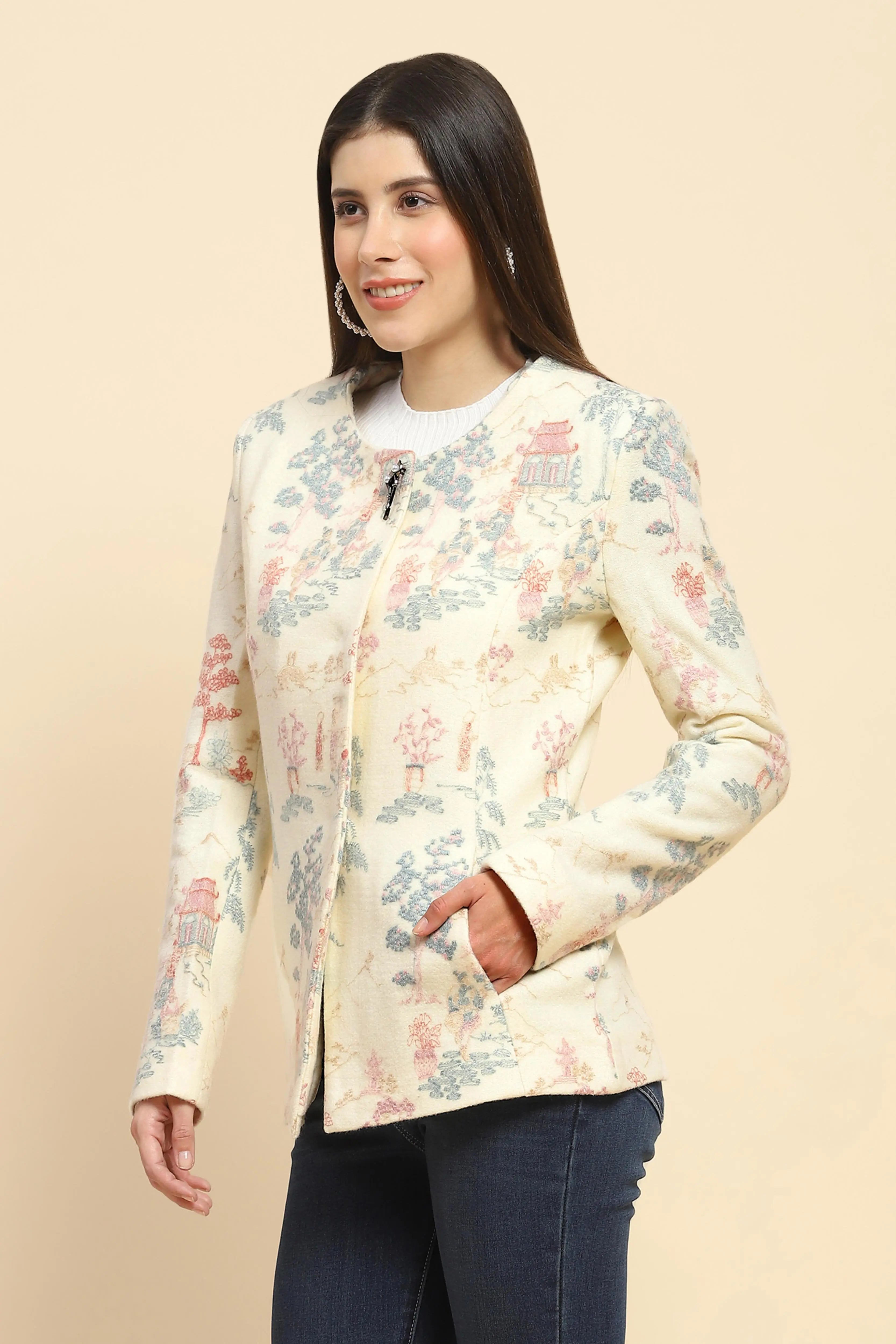 Cream  Acrylic Thread Embroidered Regular Fit Coat For Winter - Global Republic