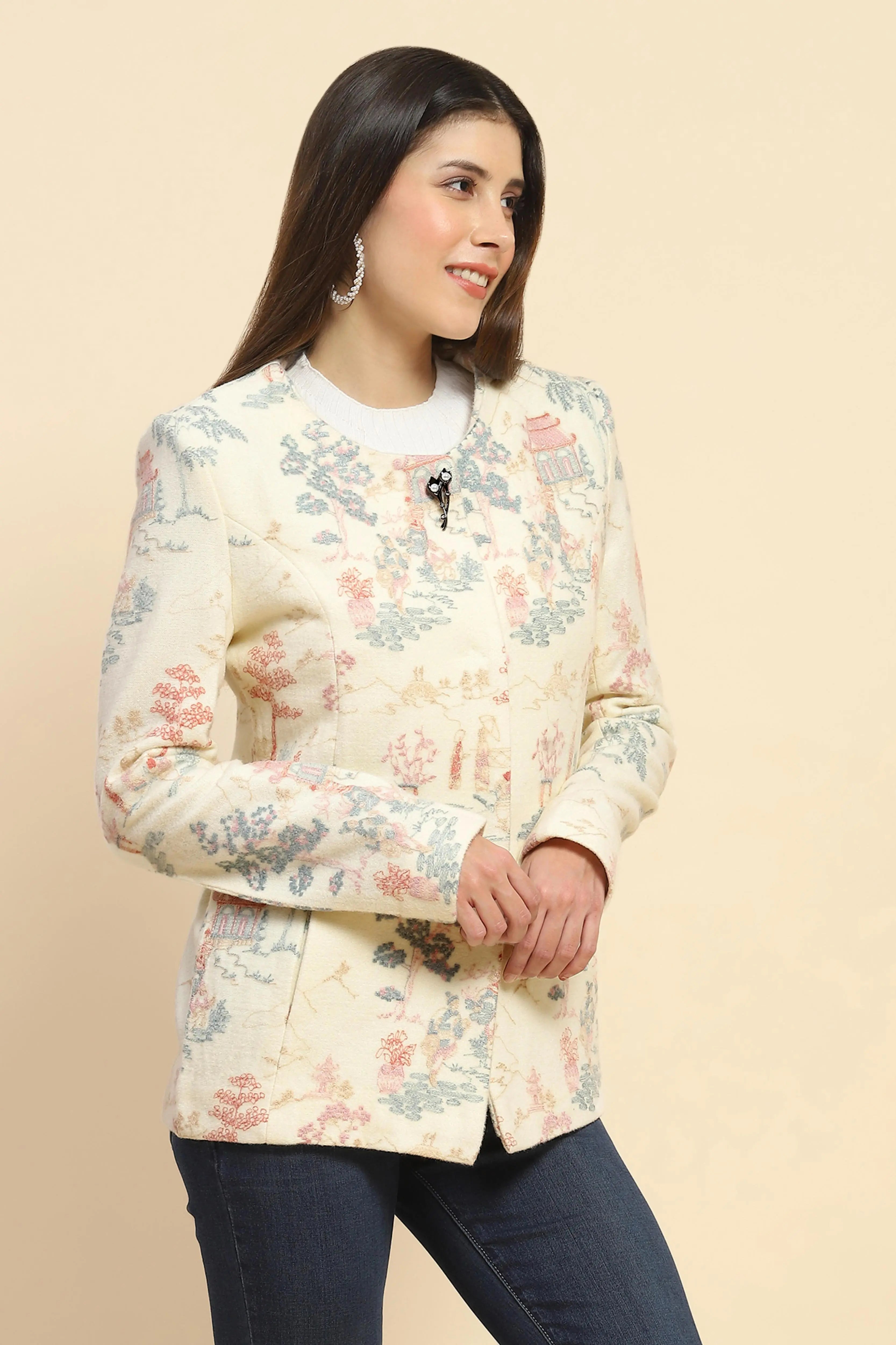 Cream  Acrylic Thread Embroidered Regular Fit Coat For Winter - Global Republic