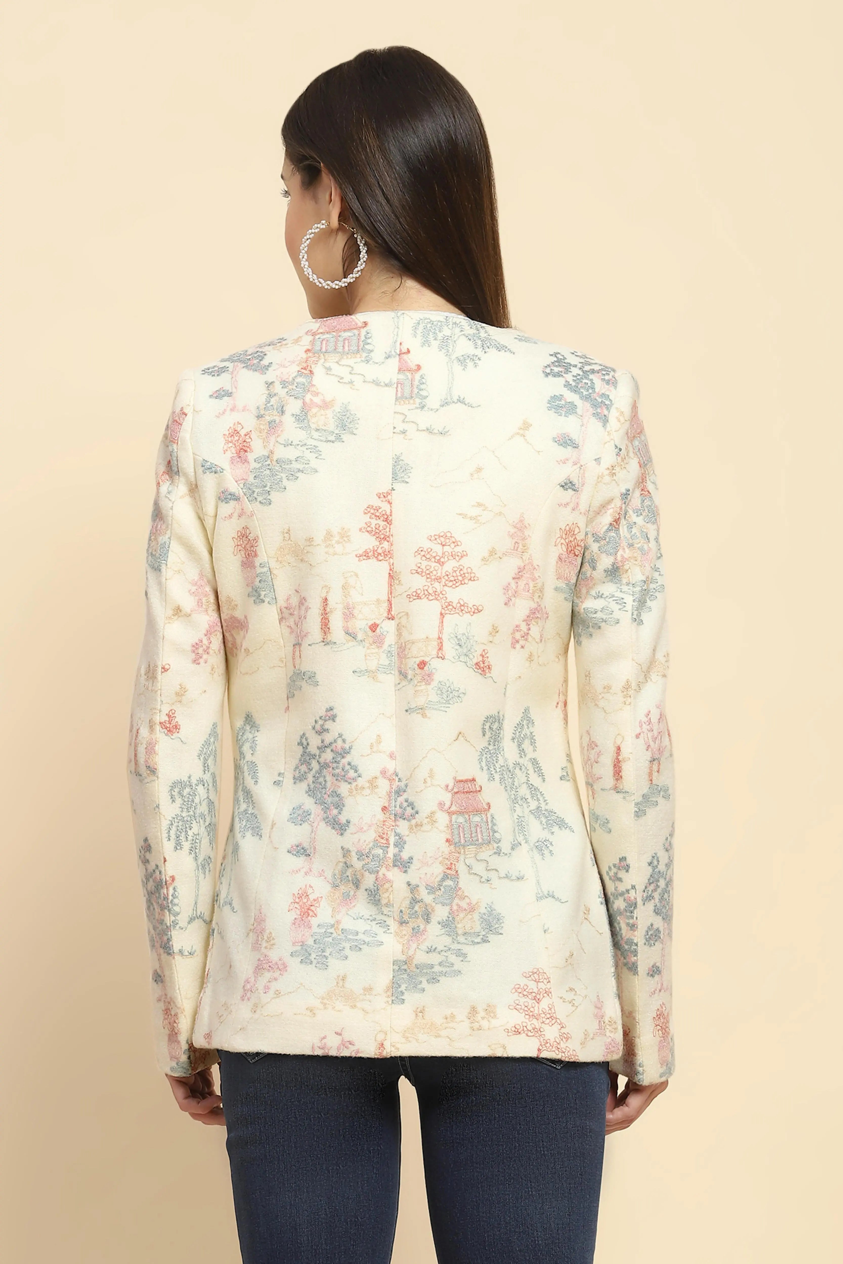 Cream  Acrylic Thread Embroidered Regular Fit Coat For Winter - Global Republic