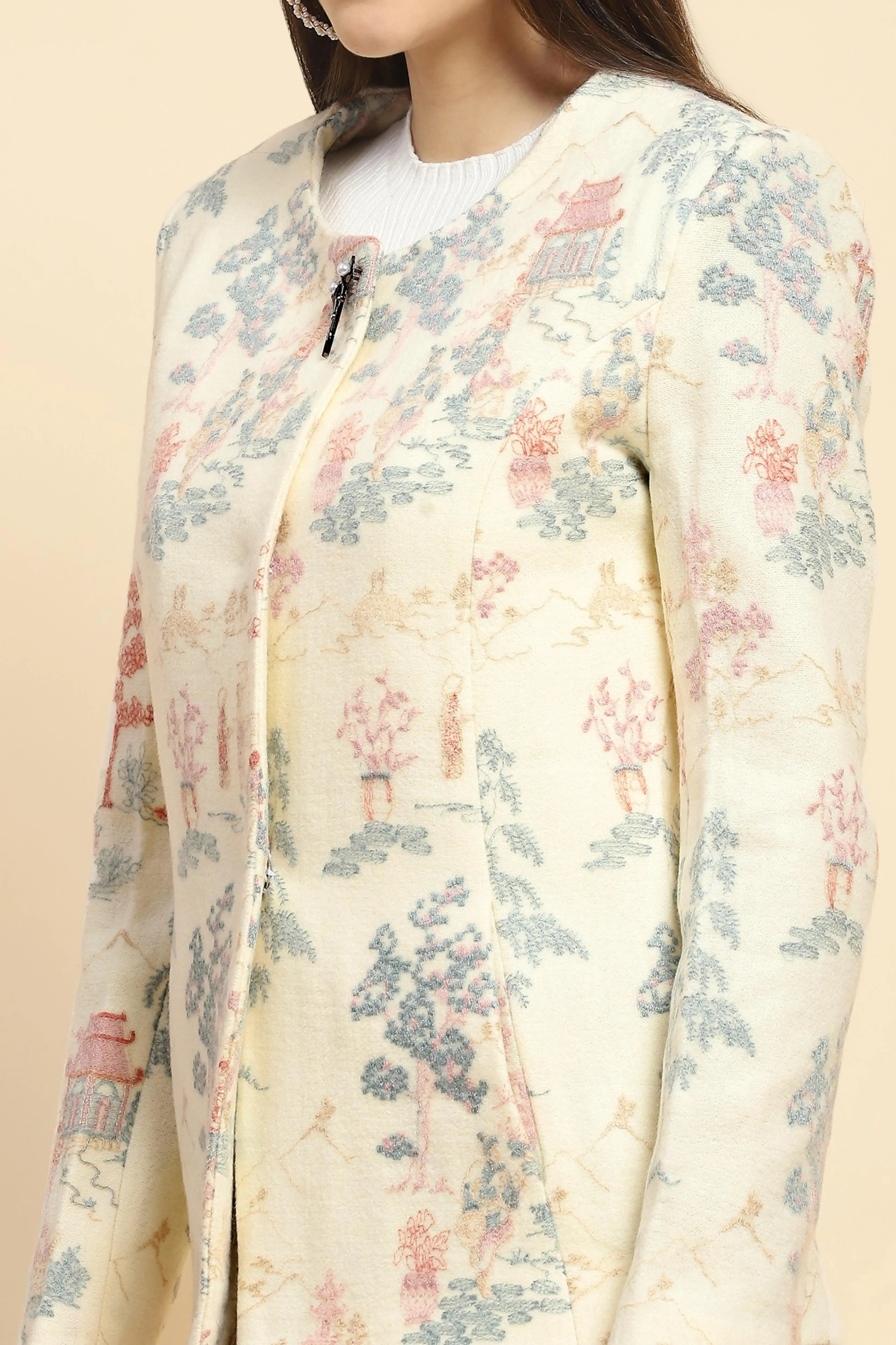 Cream  Acrylic Thread Embroidered Regular Fit Coat For Winter - Global Republic