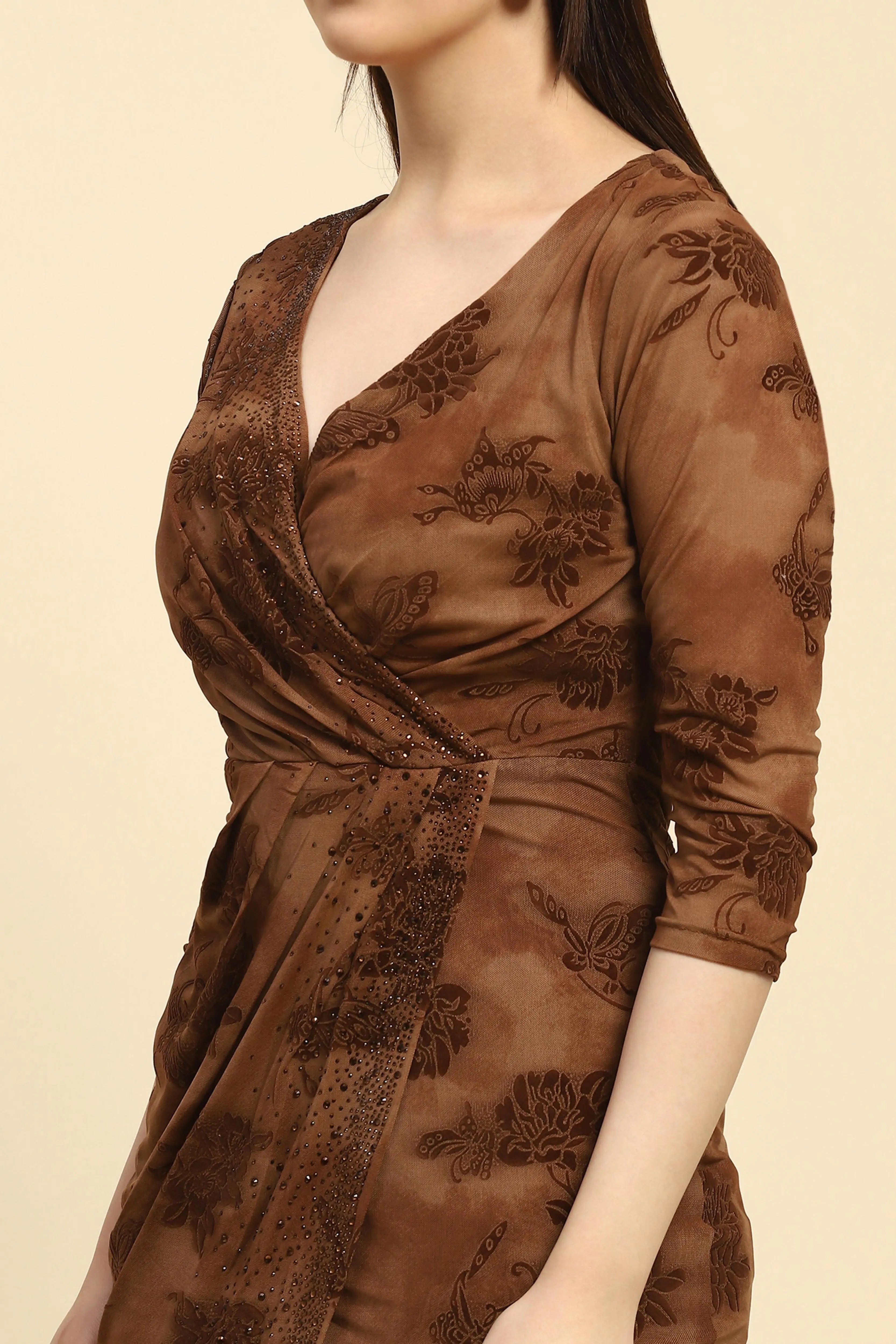 Brown Embellished  Slim Dress - Global Republic