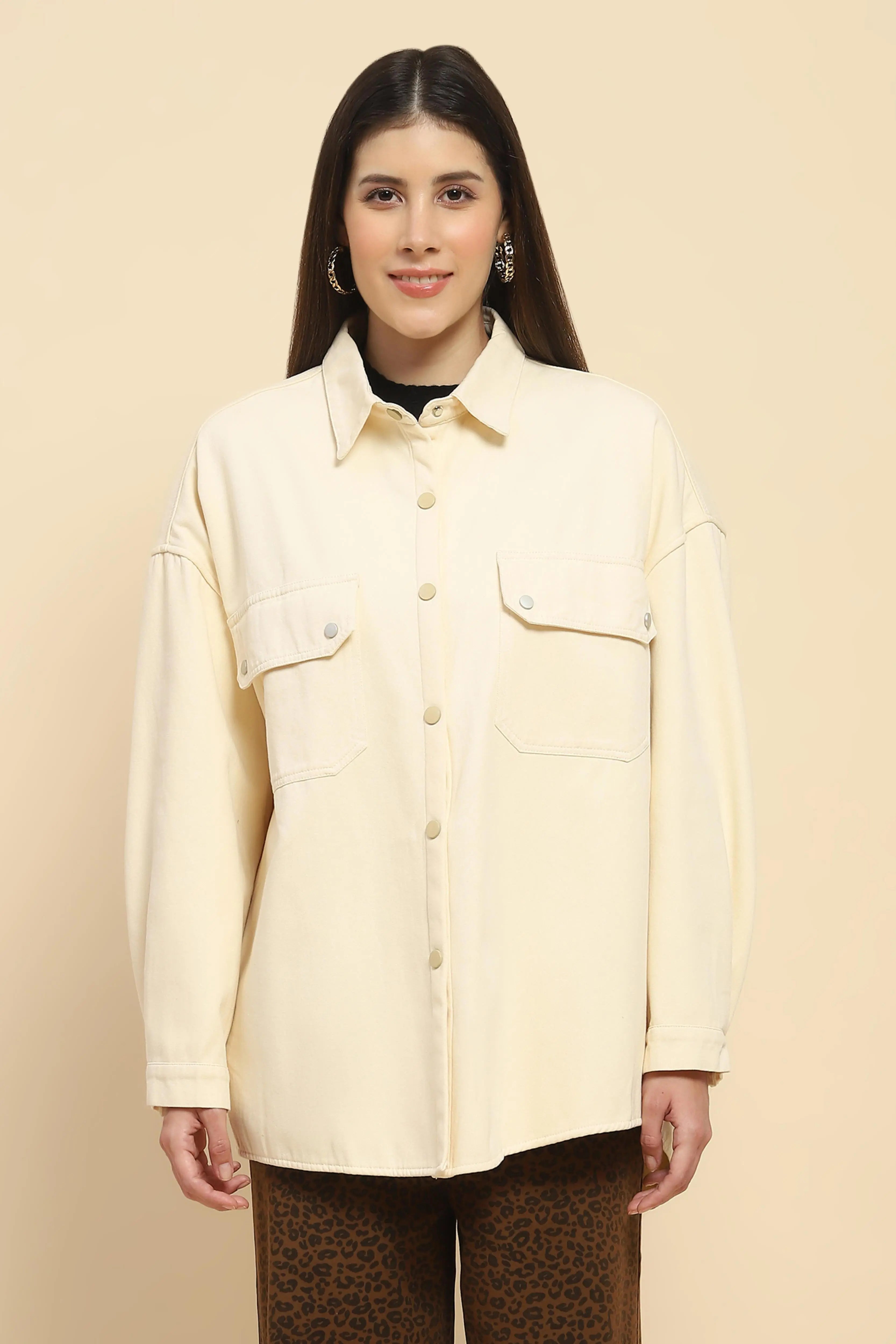 Off White Oversized Fleece Winter Shacket - Global Republic