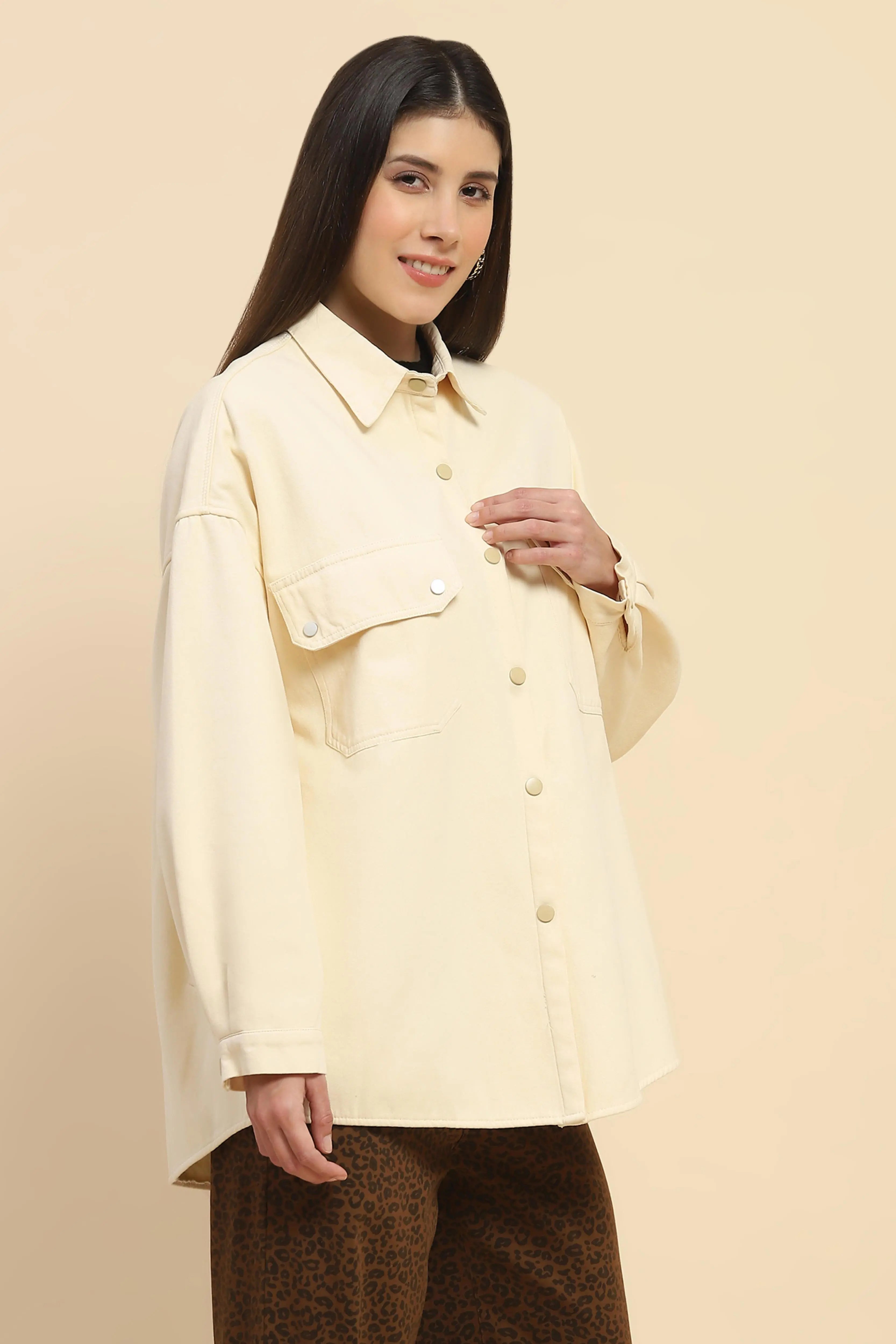 Off White Oversized Fleece Winter Shacket - Global Republic