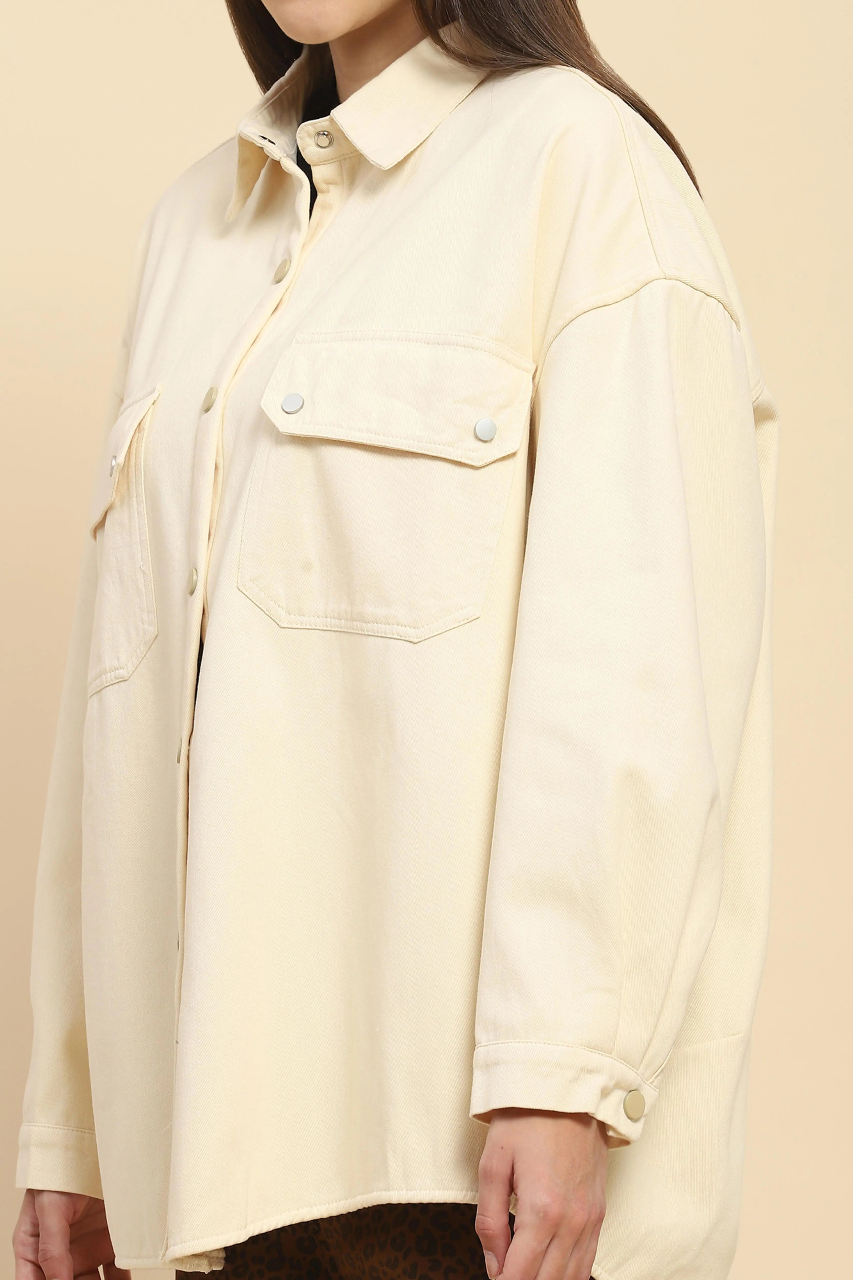 Off White Oversized Fleece Winter Shacket - Global Republic