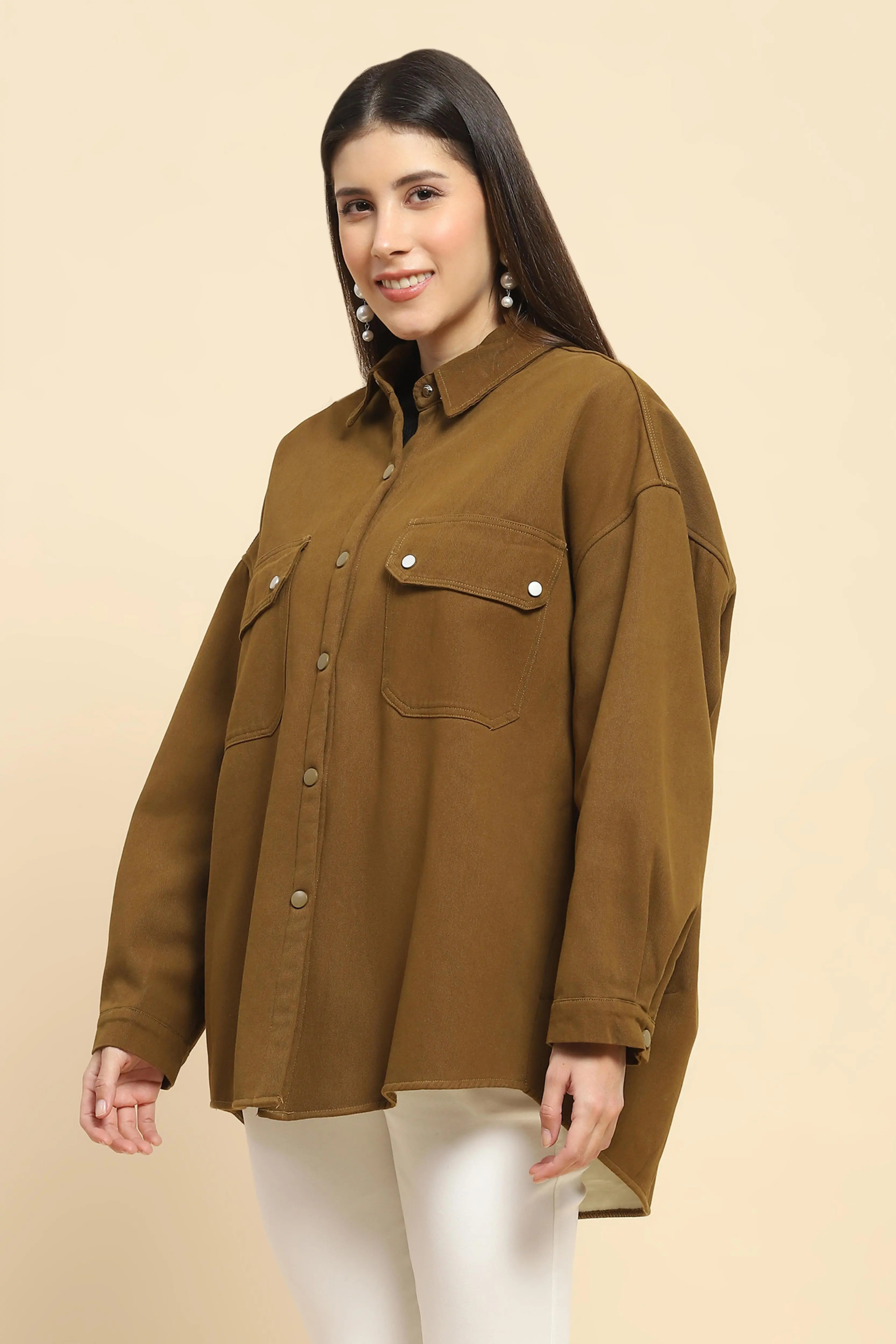 Brown Oversized Fleece Winter Shacket - Global Republic