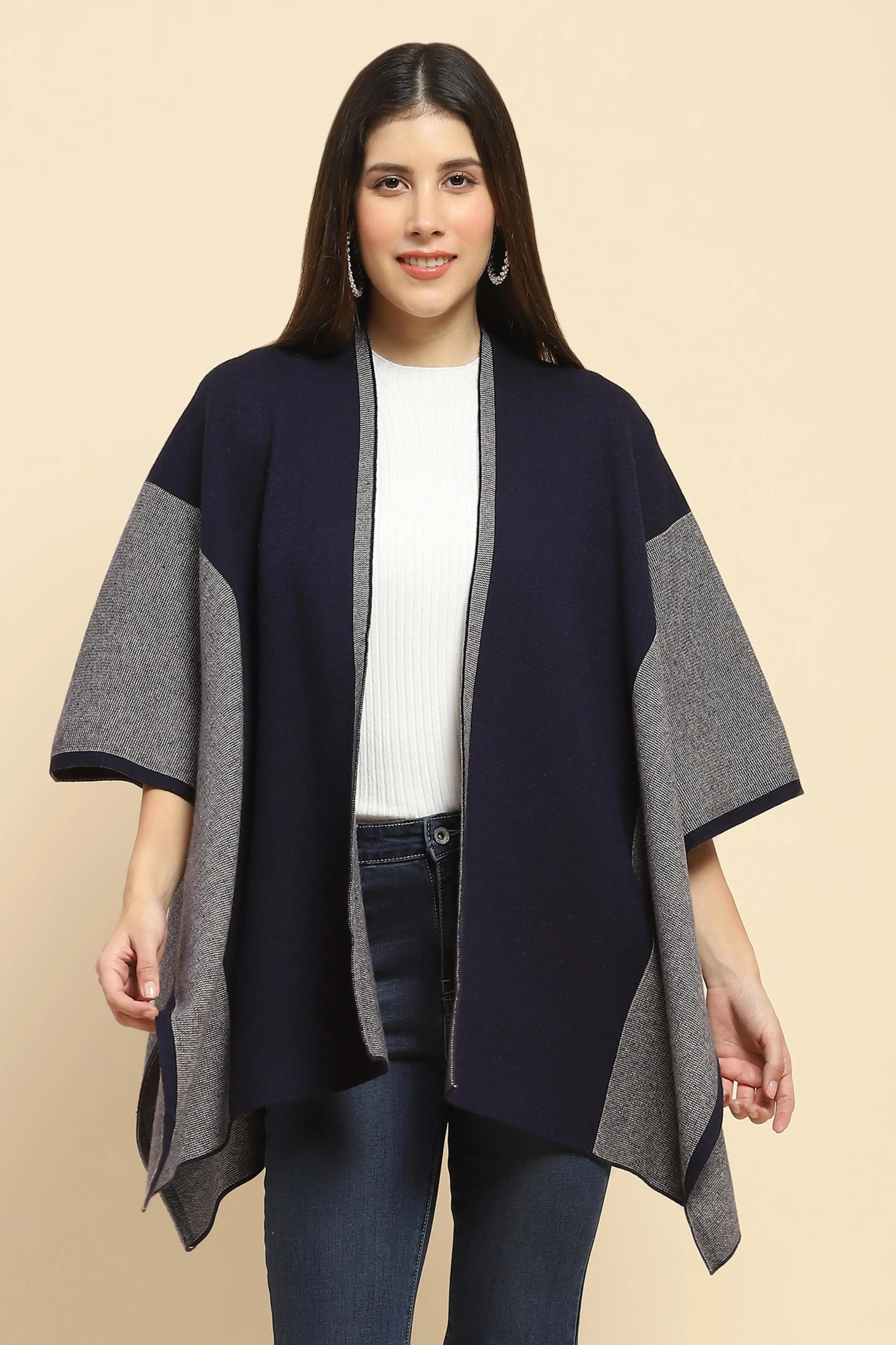Navy Blue Wool Blend Winter Shrug - Global Republic