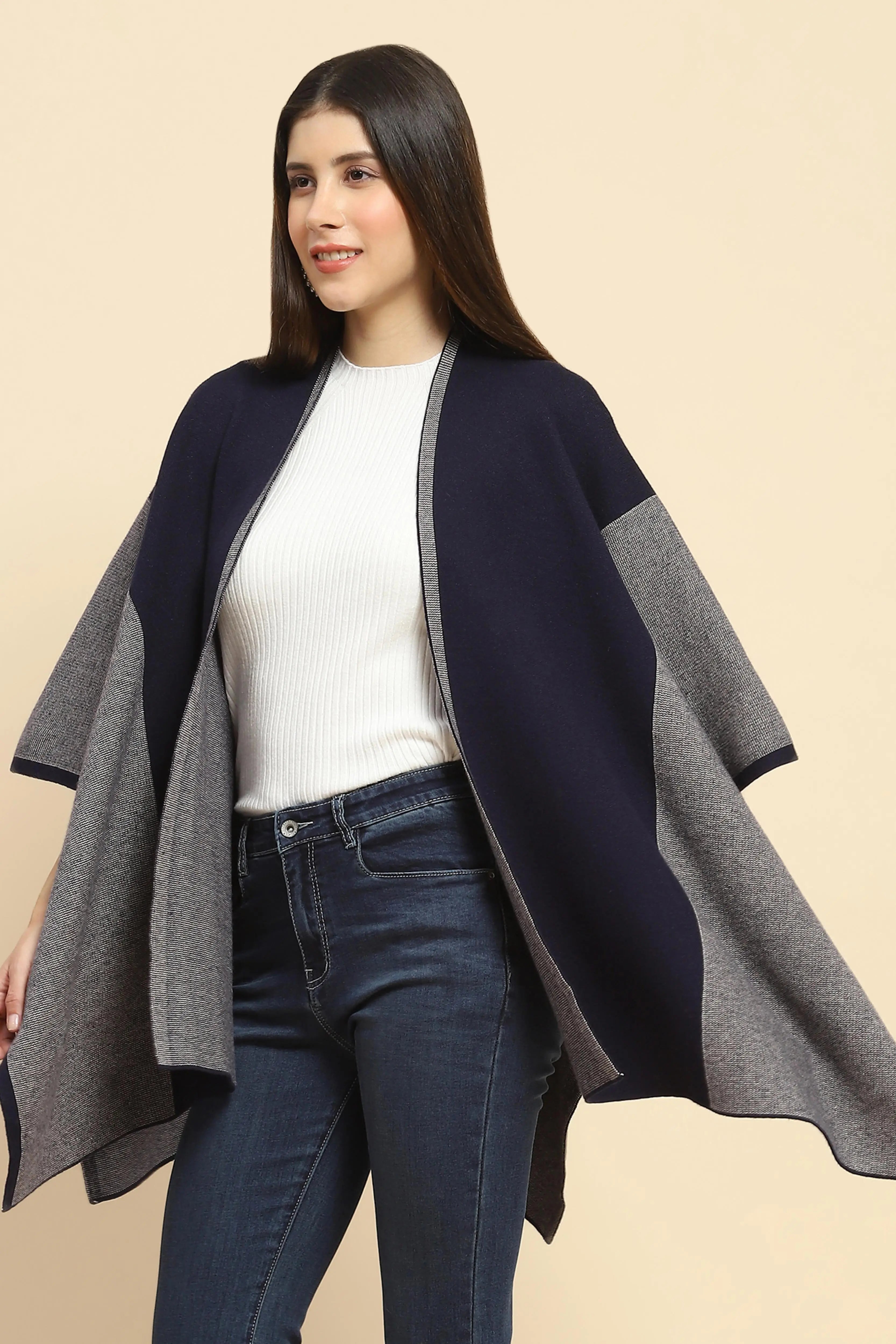 Navy Blue Wool Blend Winter Shrug - Global Republic