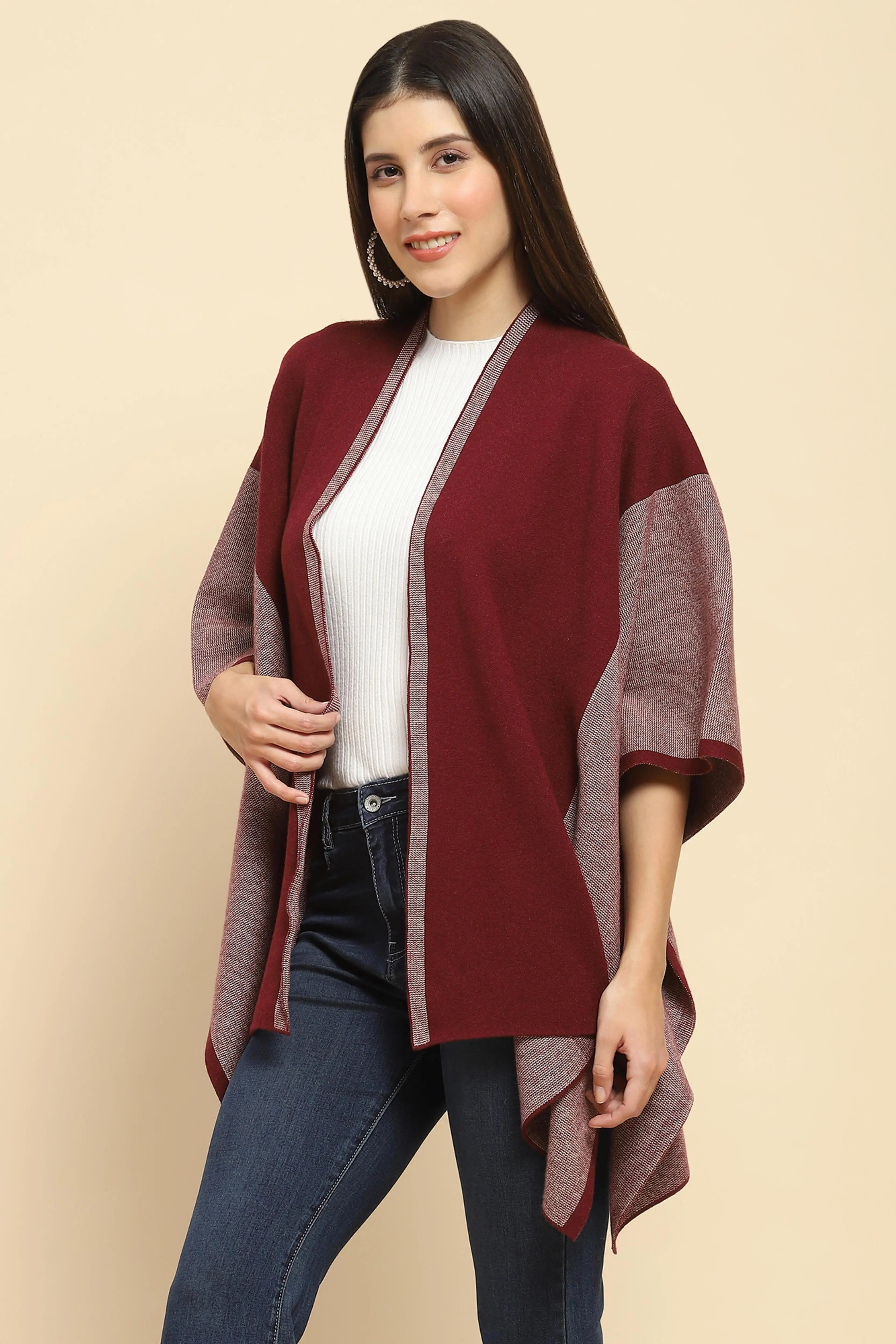 Maroon Wool Blend Winter Shrug - Global Republic