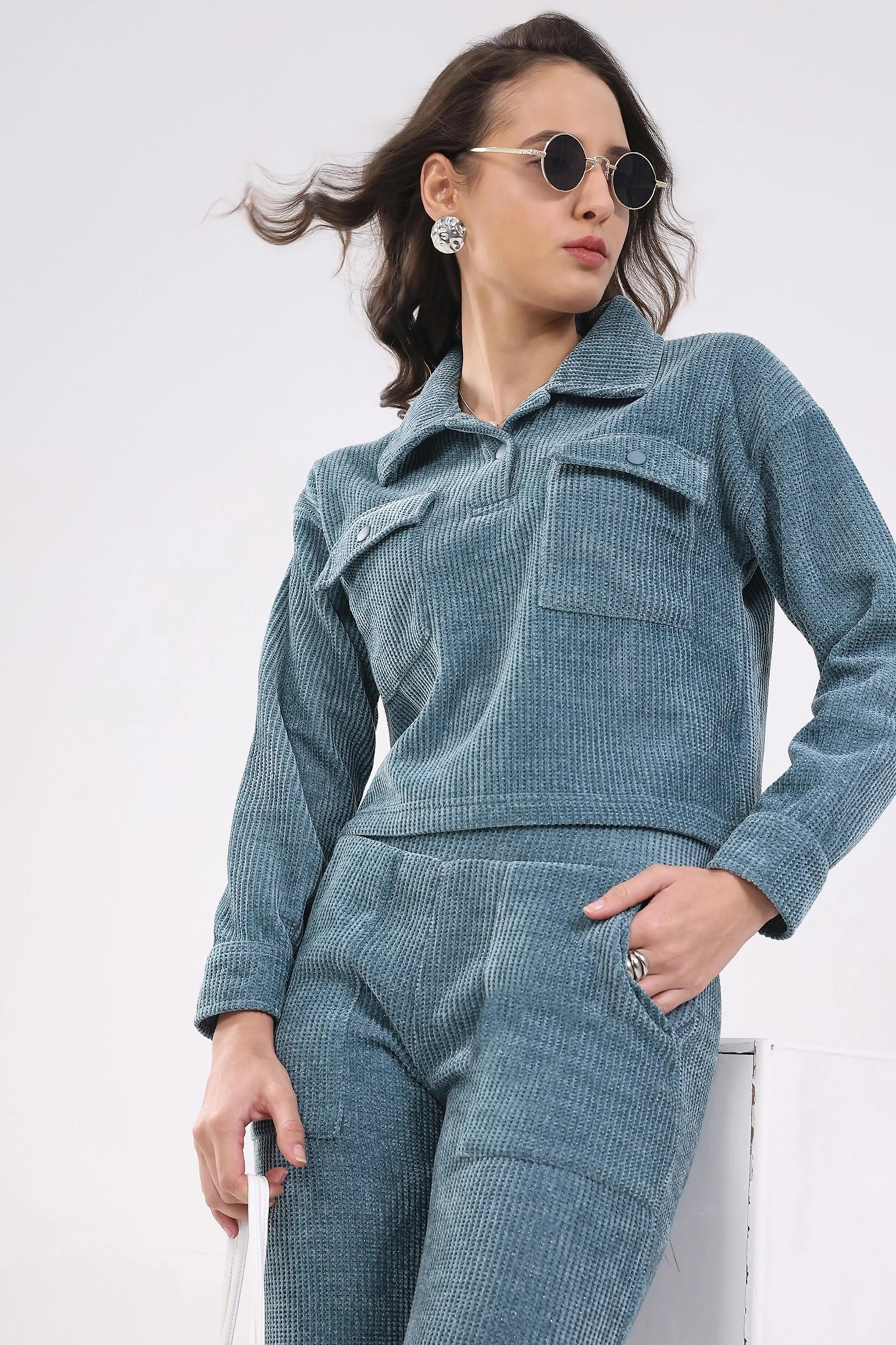 Blue Textured Winter Co-ord Set - Global Republic