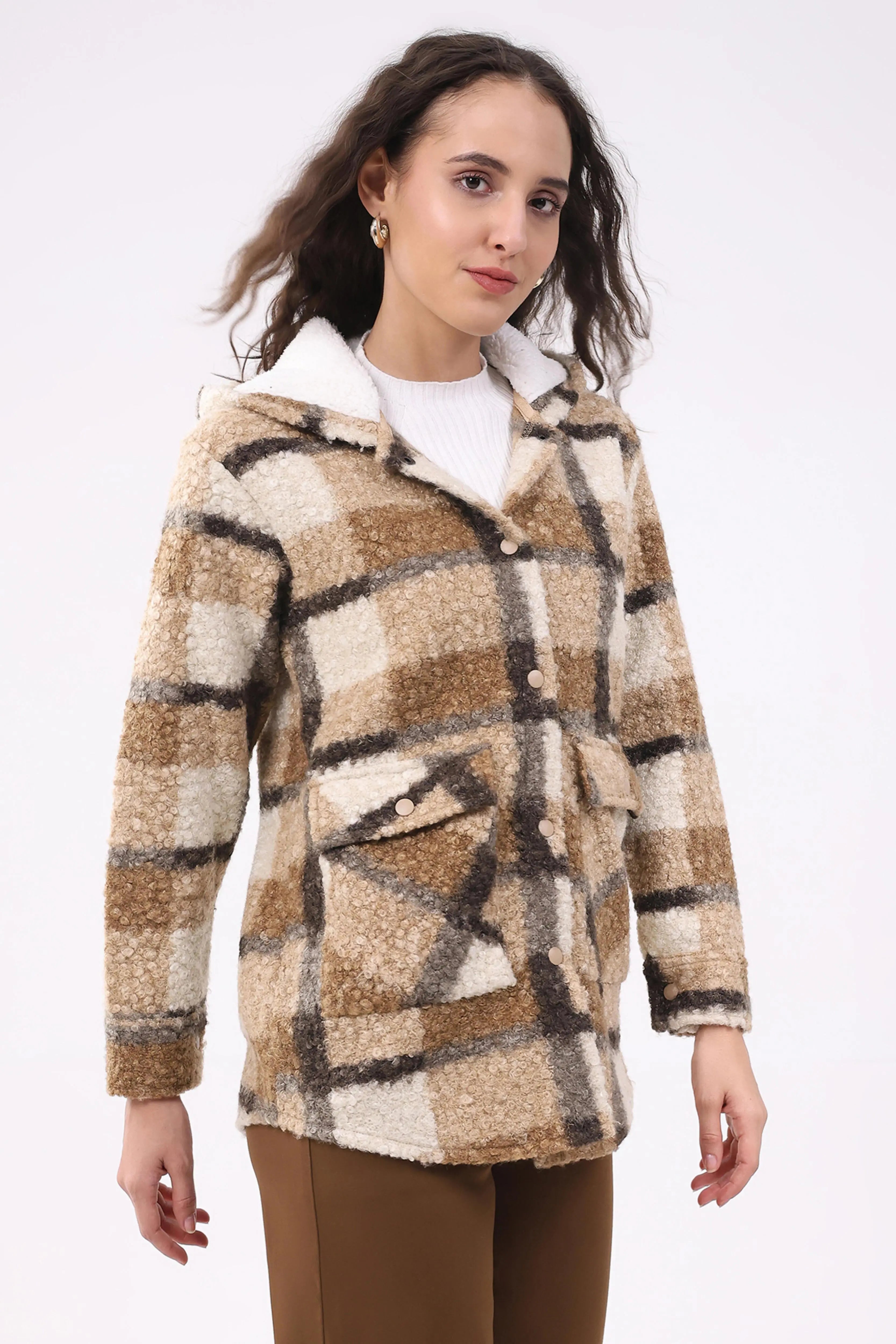 Beige Wool Blend Checked Hooded Jacket - Global Republic