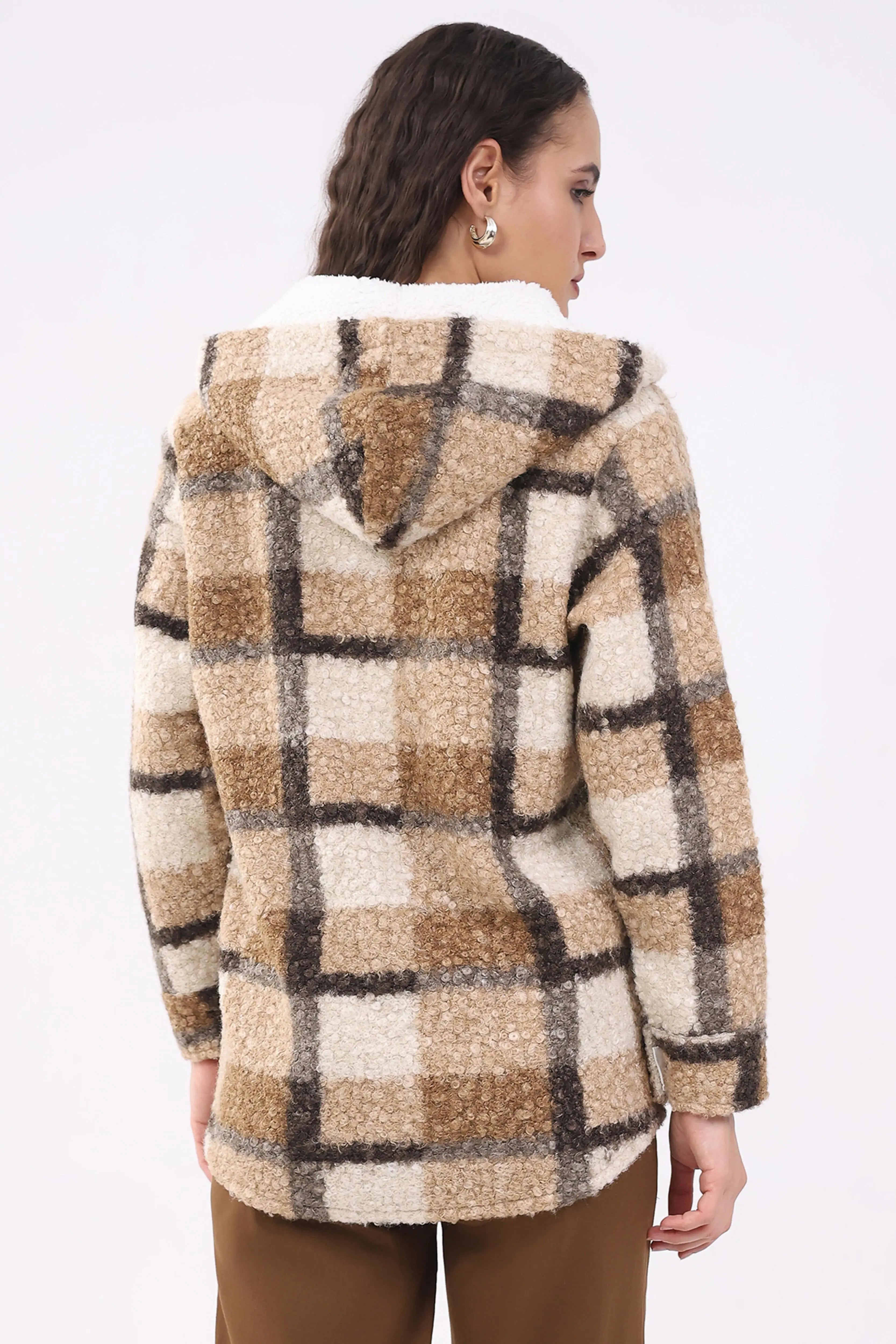 Beige Wool Blend Checked Hooded Jacket - Global Republic