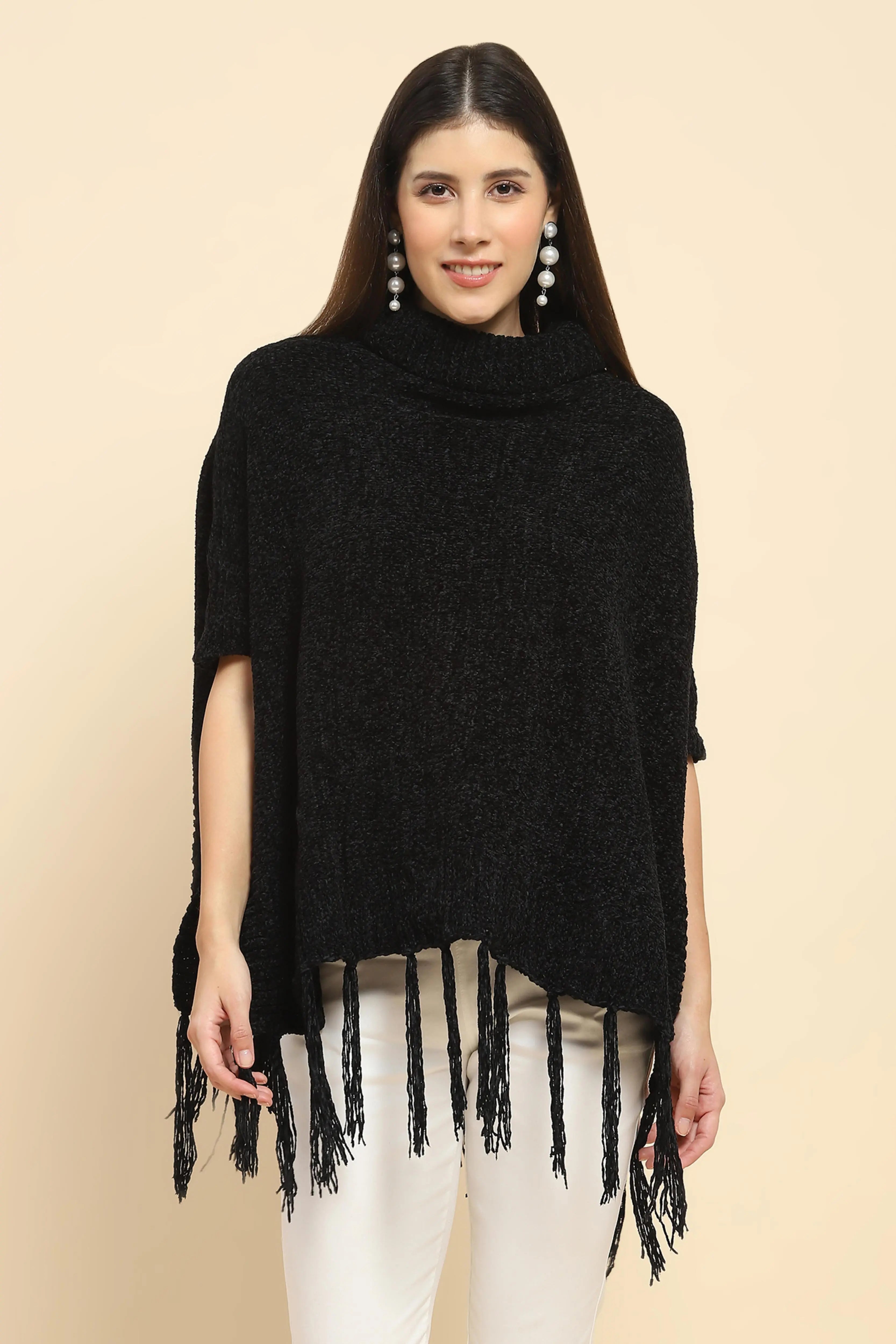 Black Wool Blend Loose Poncho - Global Republic