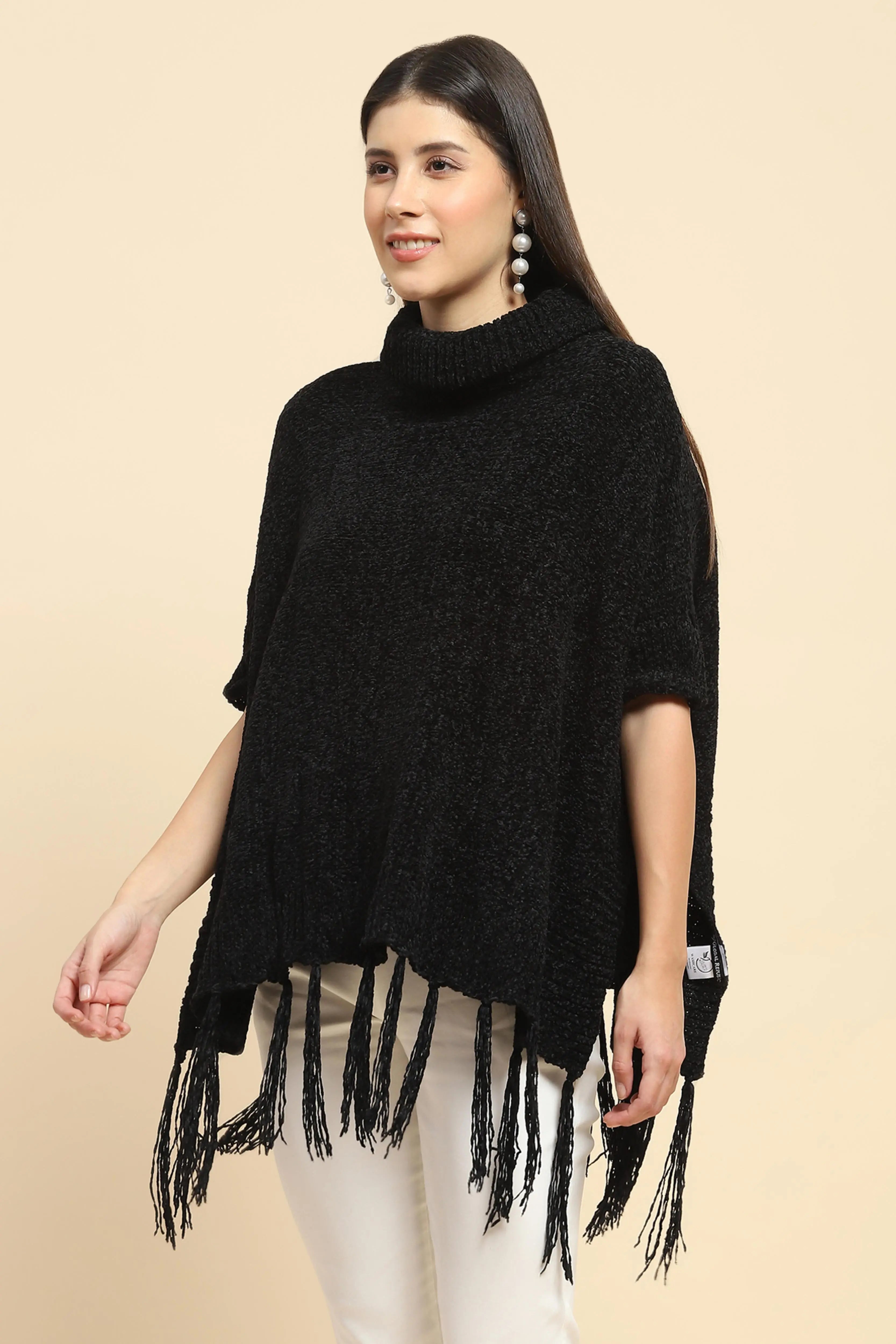 Black Wool Blend Loose Poncho - Global Republic
