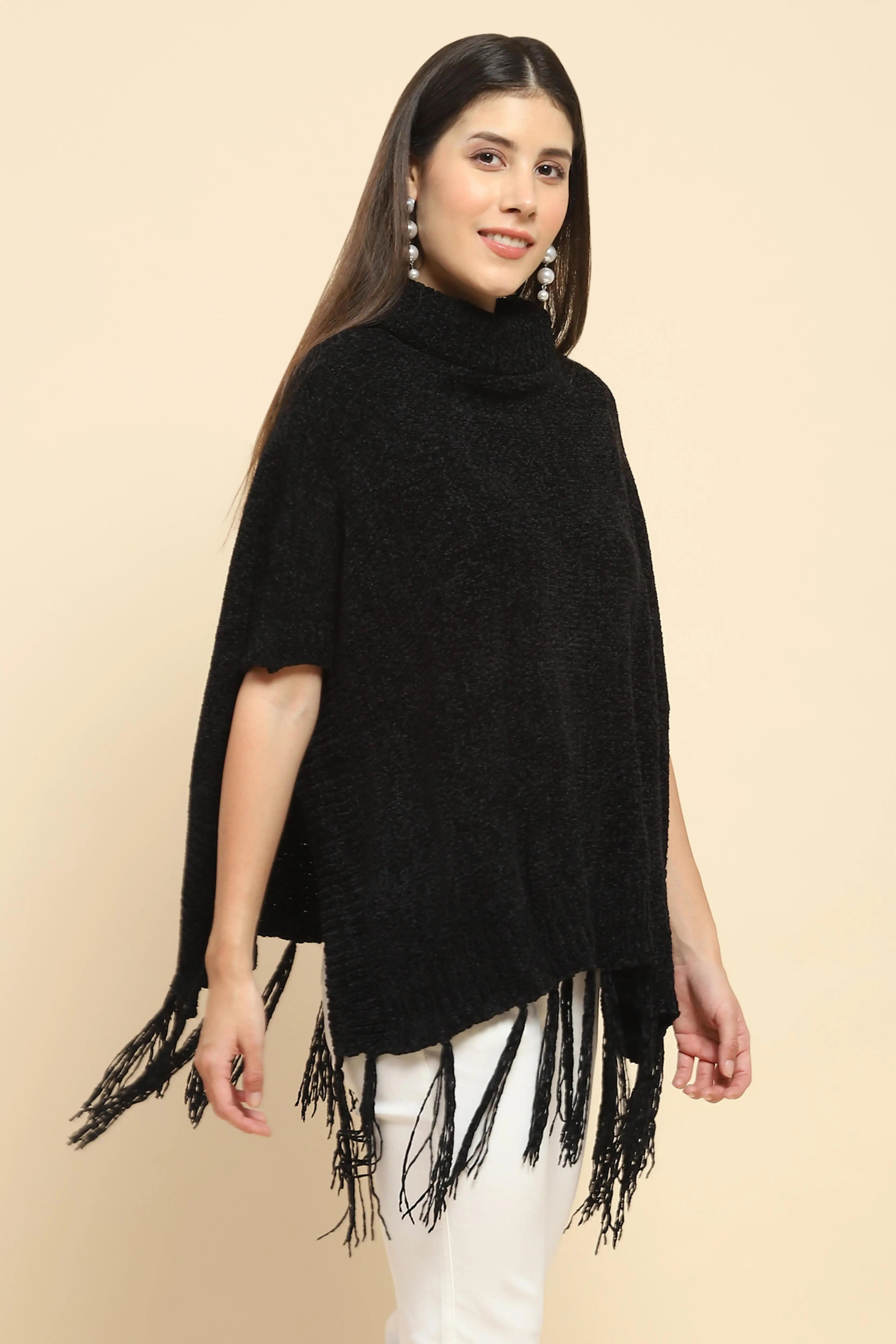 Black Wool Blend Loose Poncho - Global Republic