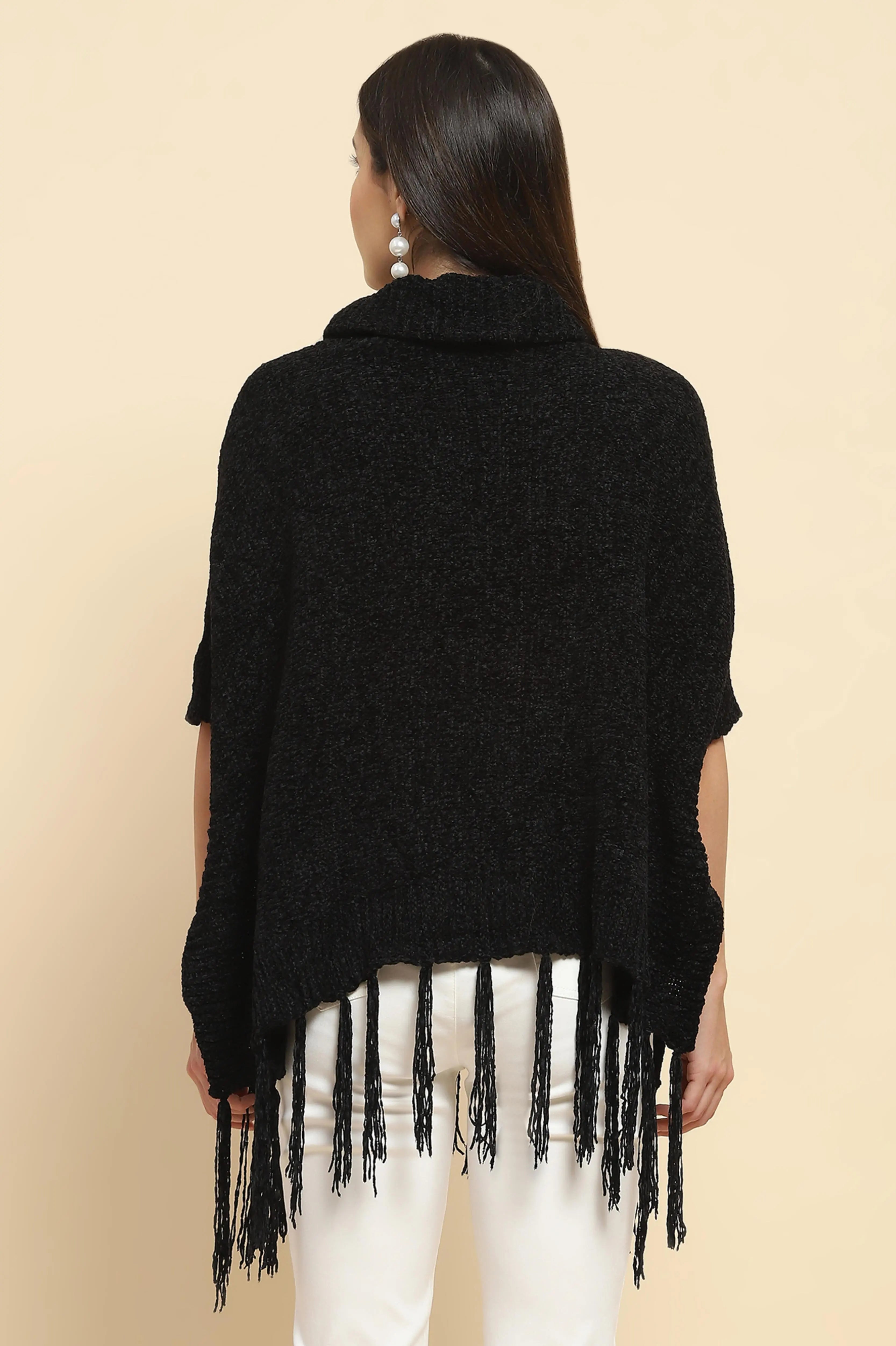 Black Wool Blend Loose Poncho - Global Republic