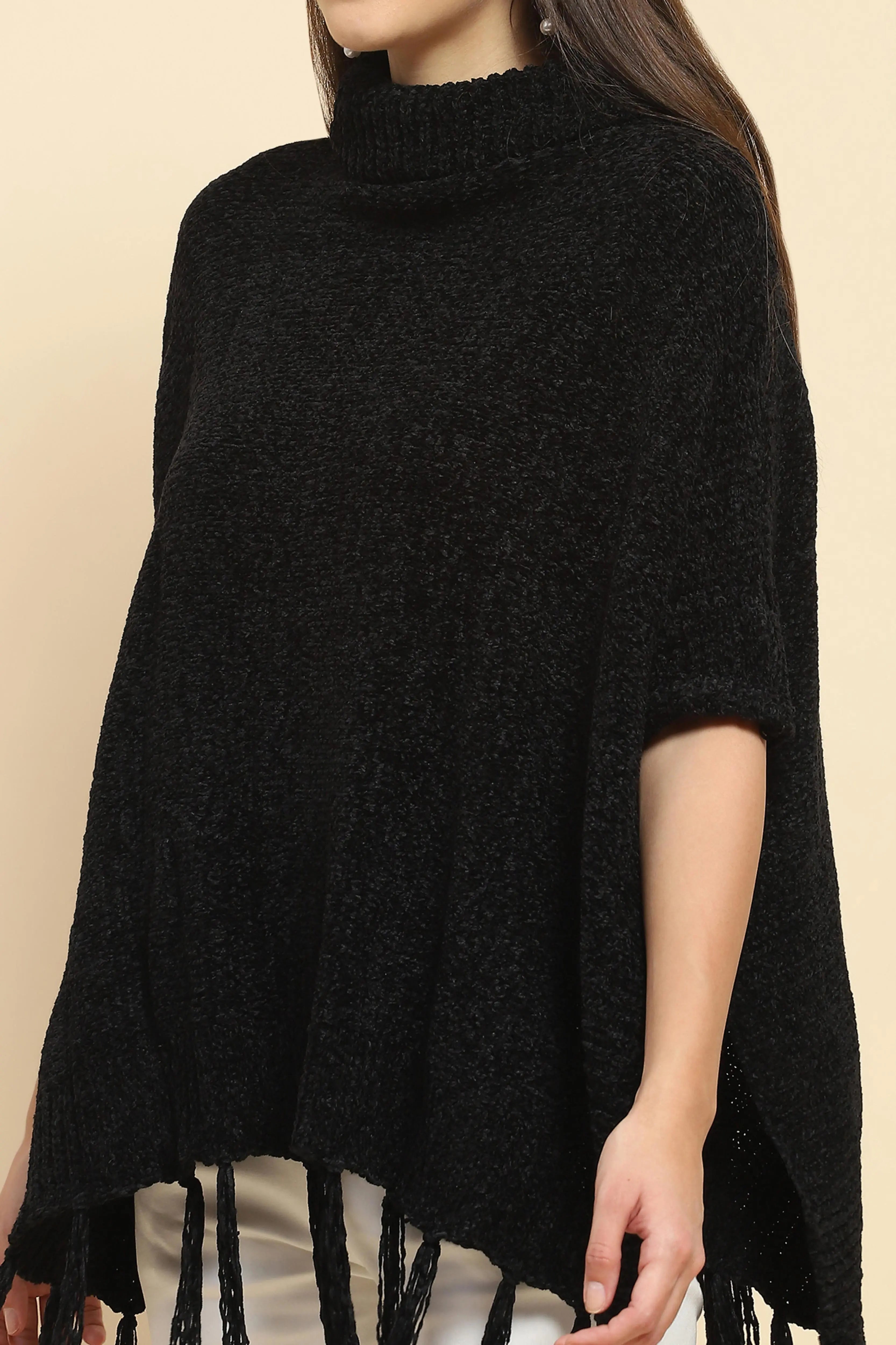 Black Wool Blend Loose Poncho - Global Republic