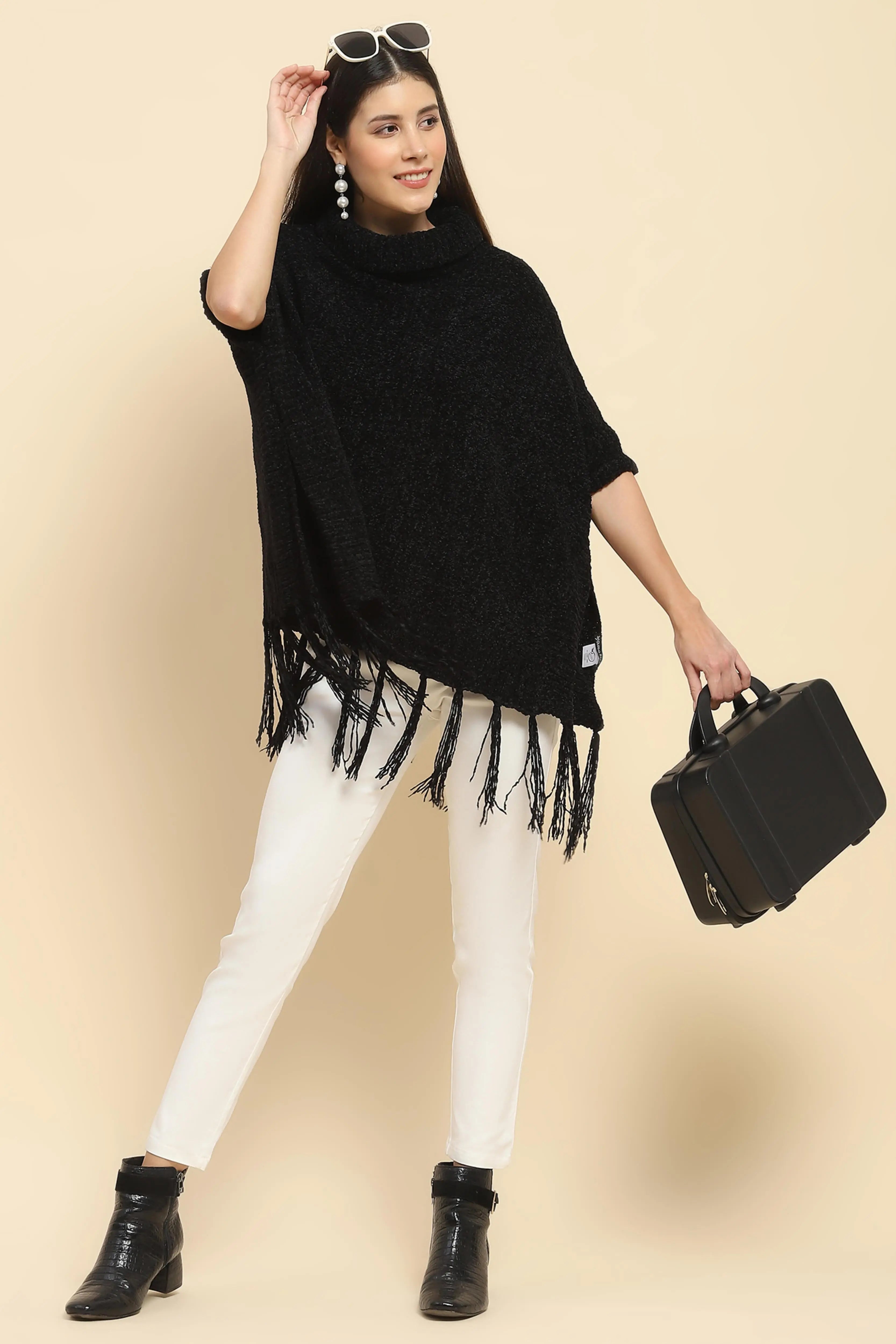 Black Wool Blend Loose Poncho - Global Republic