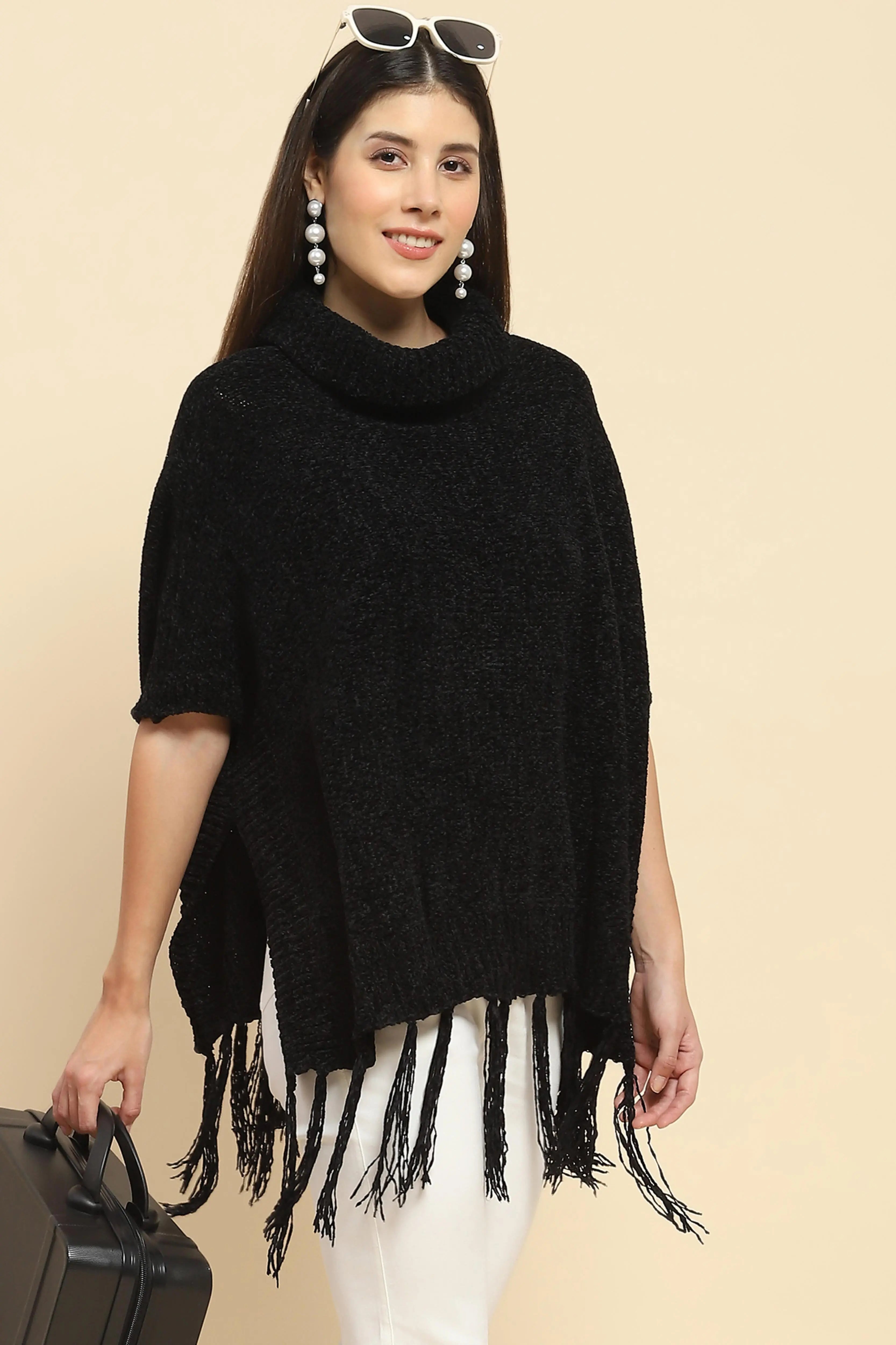 Black Wool Blend Loose Poncho - Global Republic
