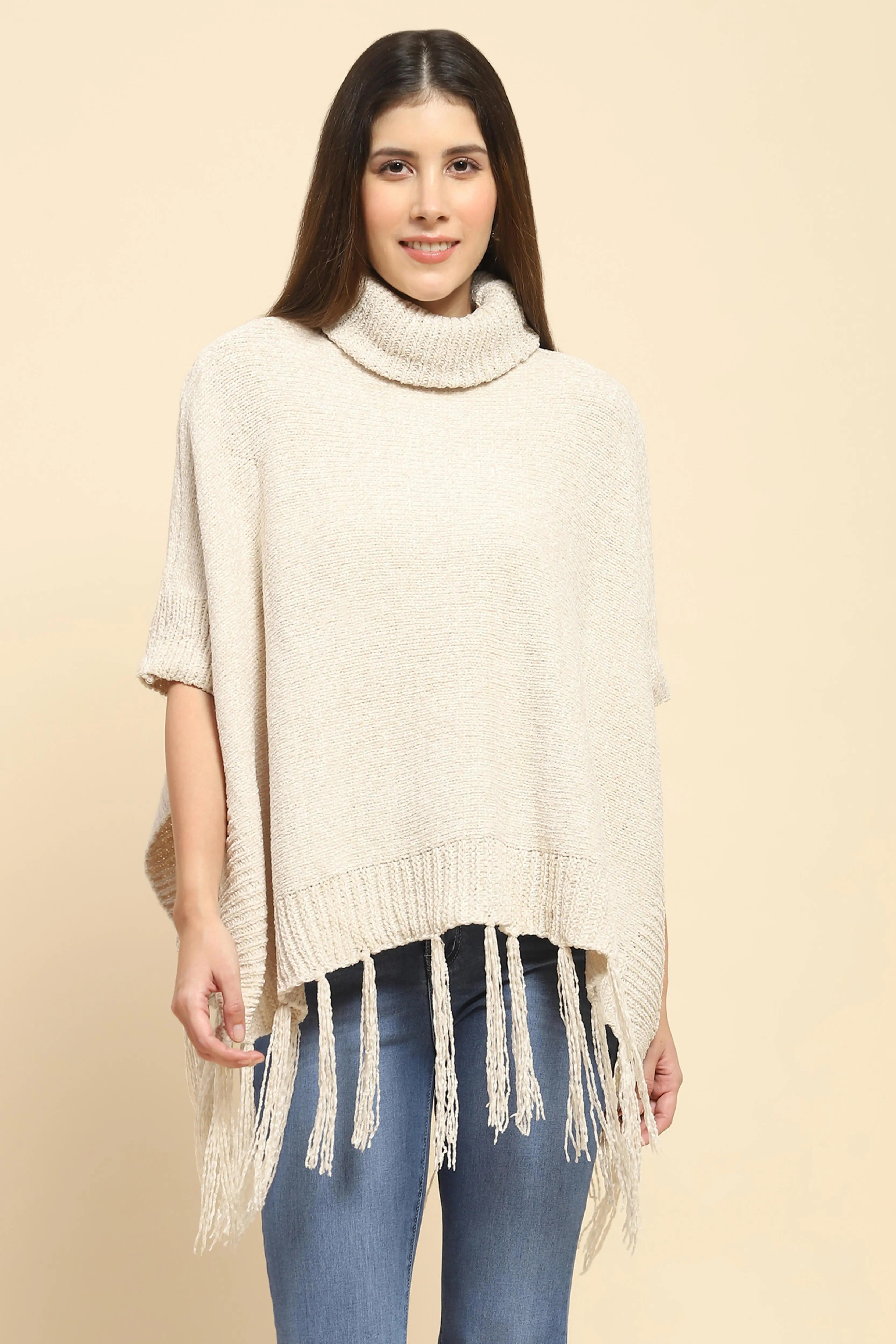 Beige Wool Blend Loose Poncho - Global Republic