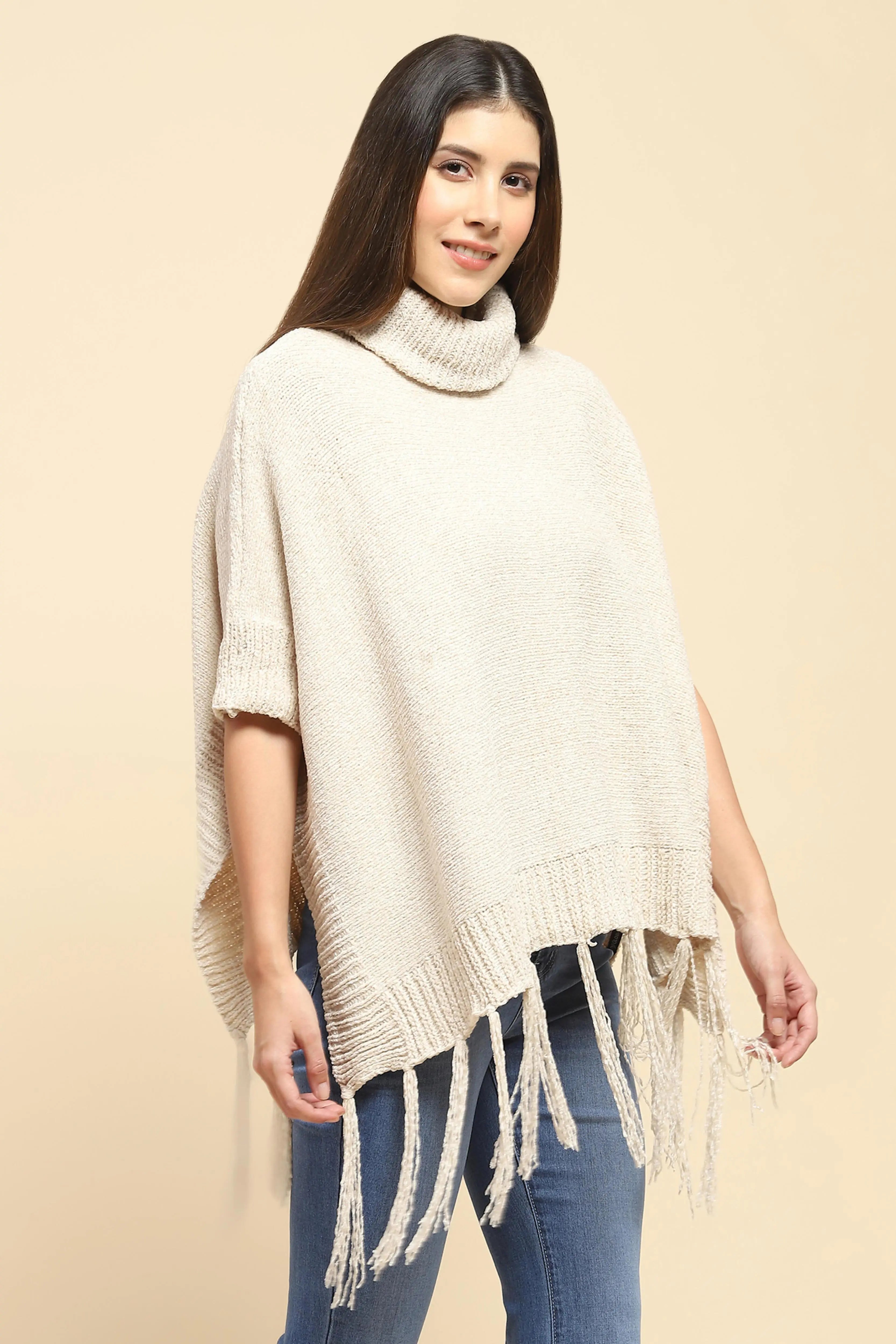 Beige Wool Blend Loose Poncho - Global Republic