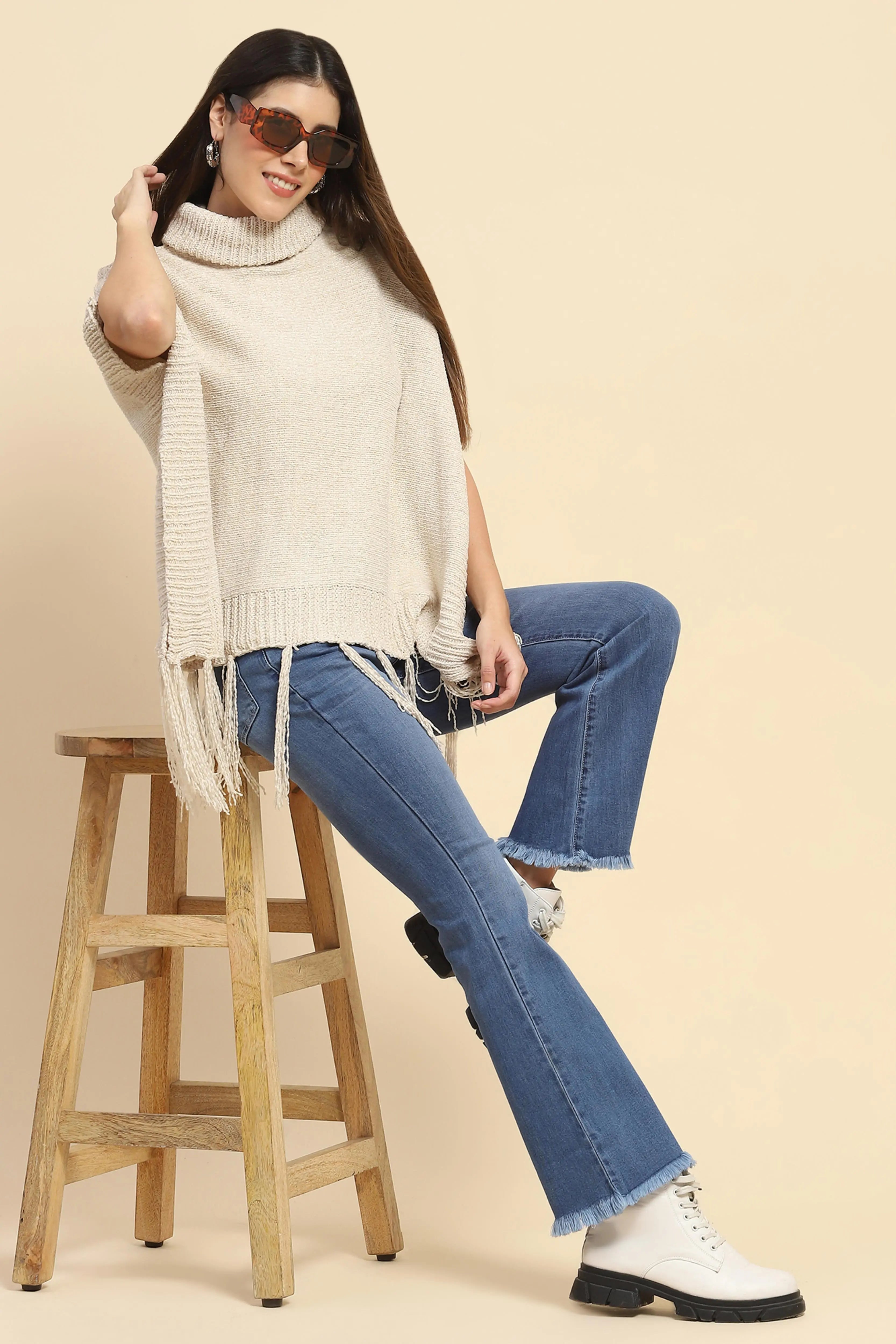 Beige Wool Blend Loose Poncho - Global Republic