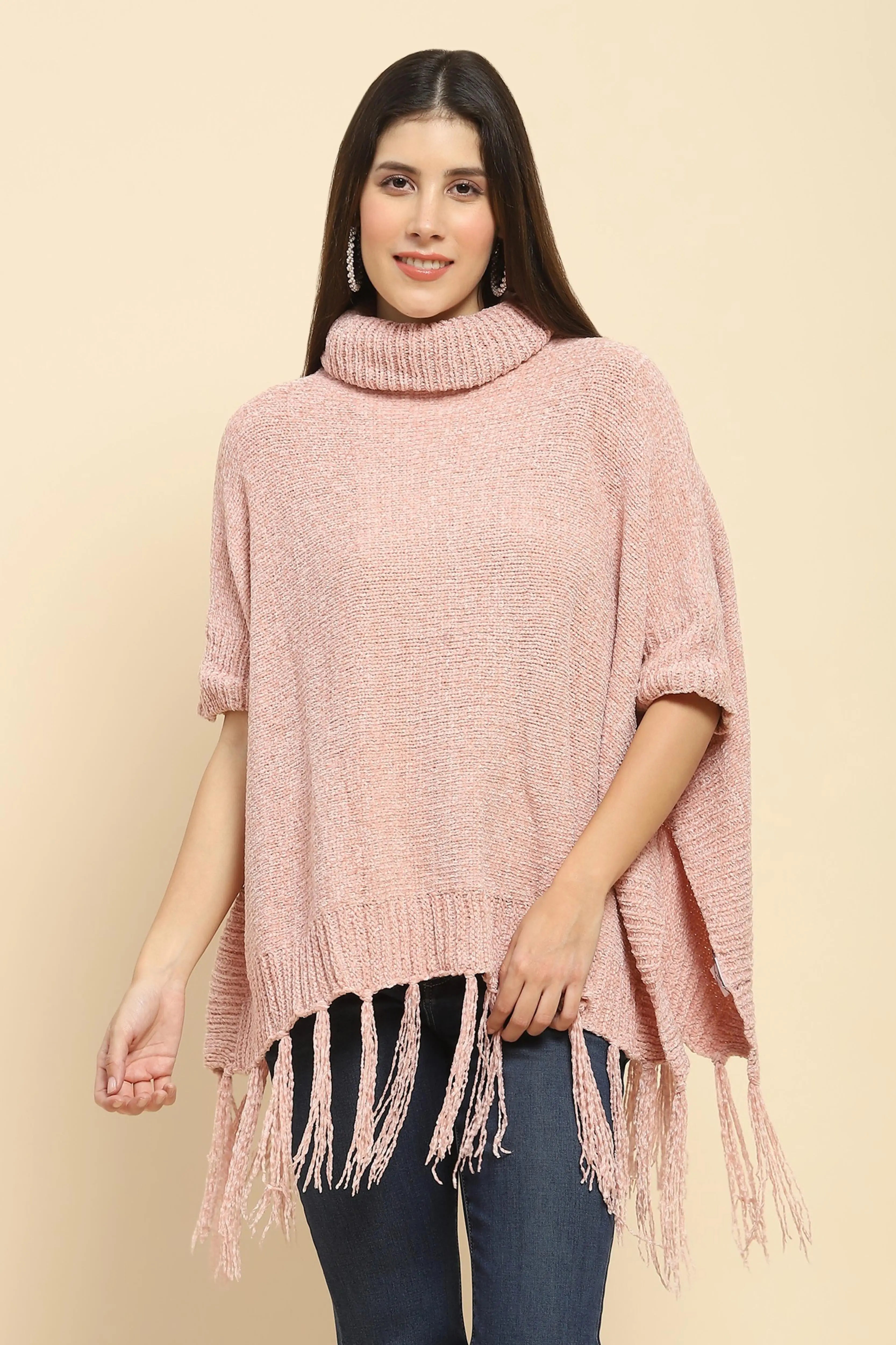 Pink Wool Blend Knit Loose Poncho - Global Republic