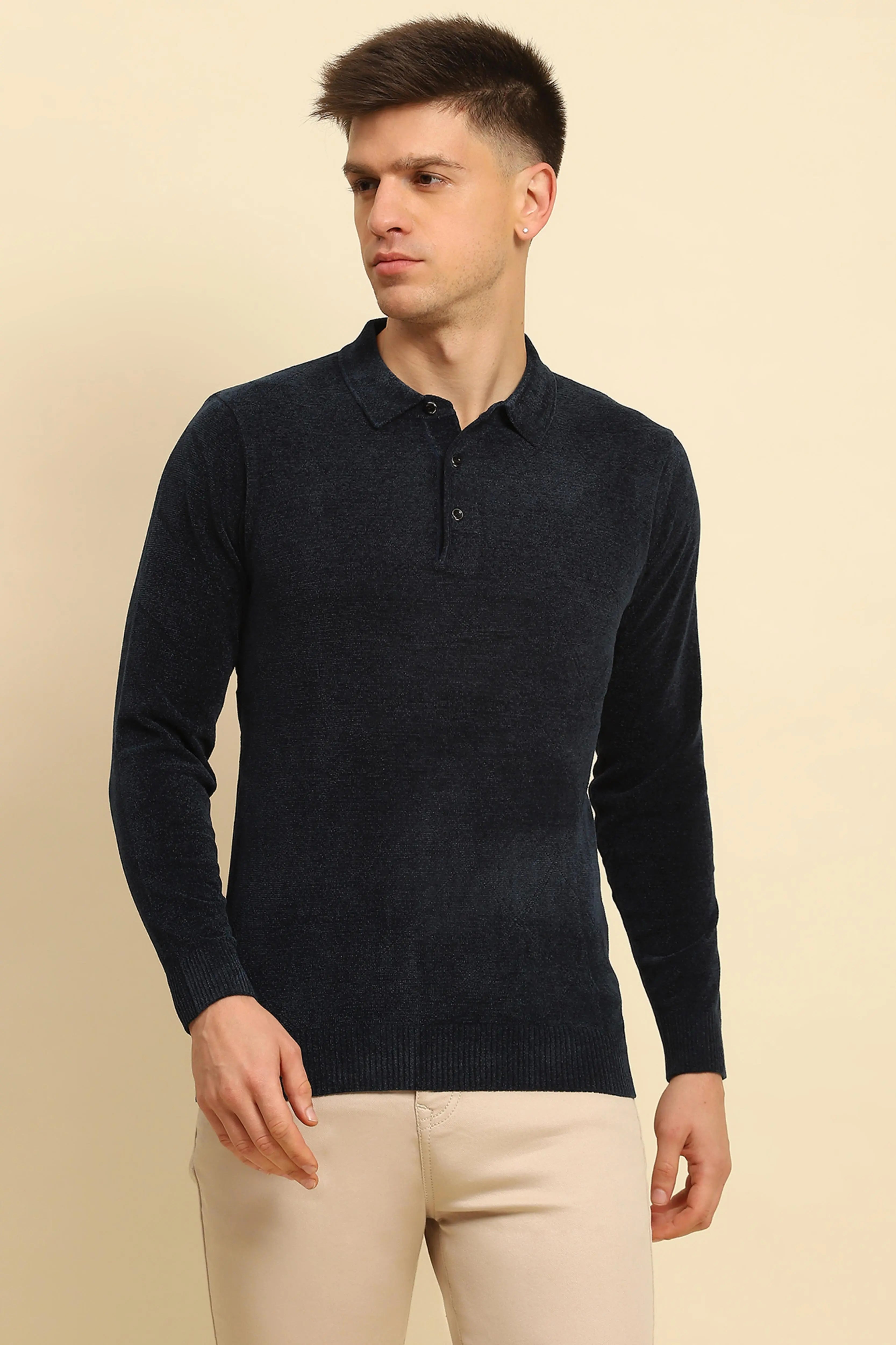 Navy Blue Velvet Blend Solid Regular Fit Pullover - Global Republic