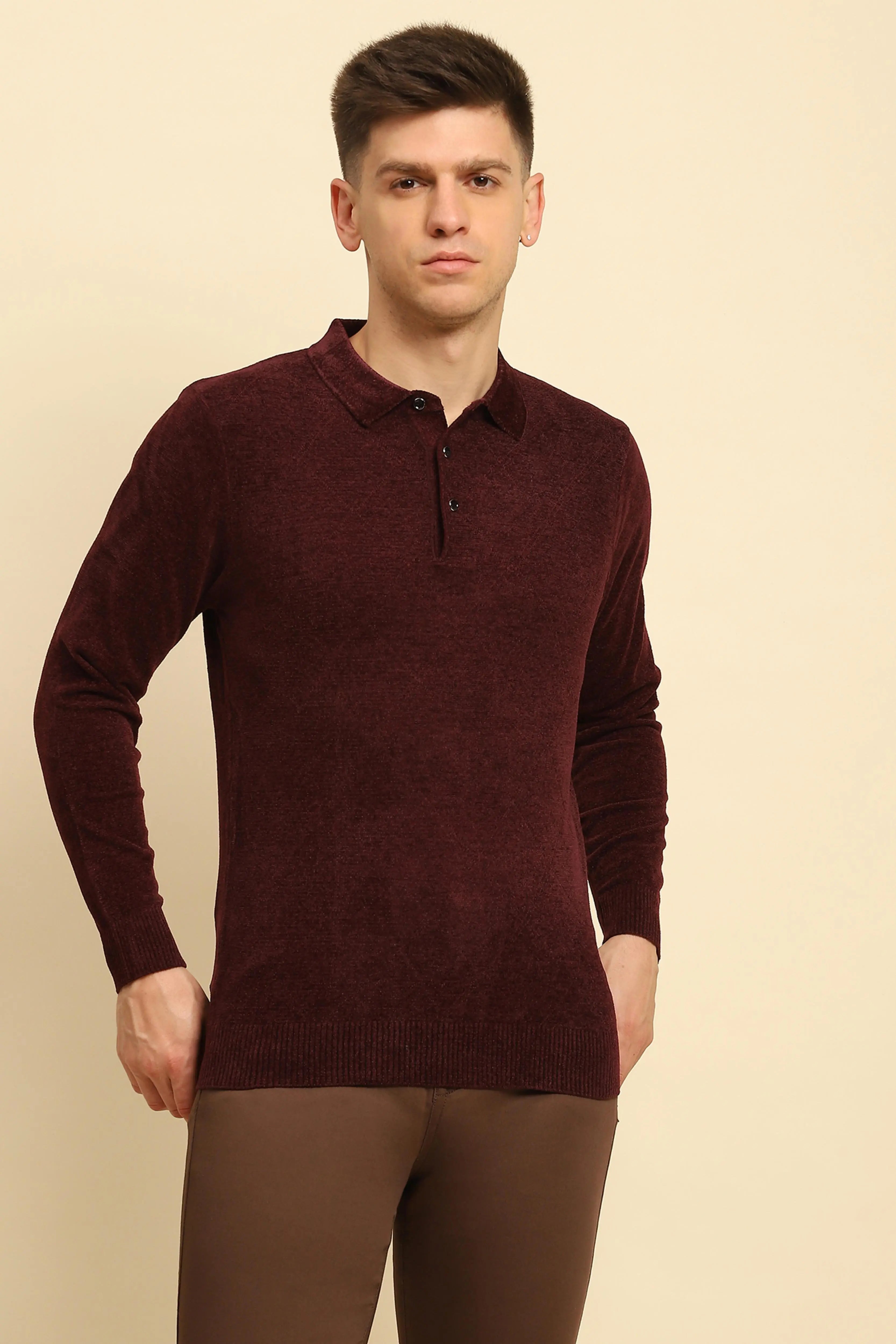 Maroon Velvet Solid Pullover - Global Republic