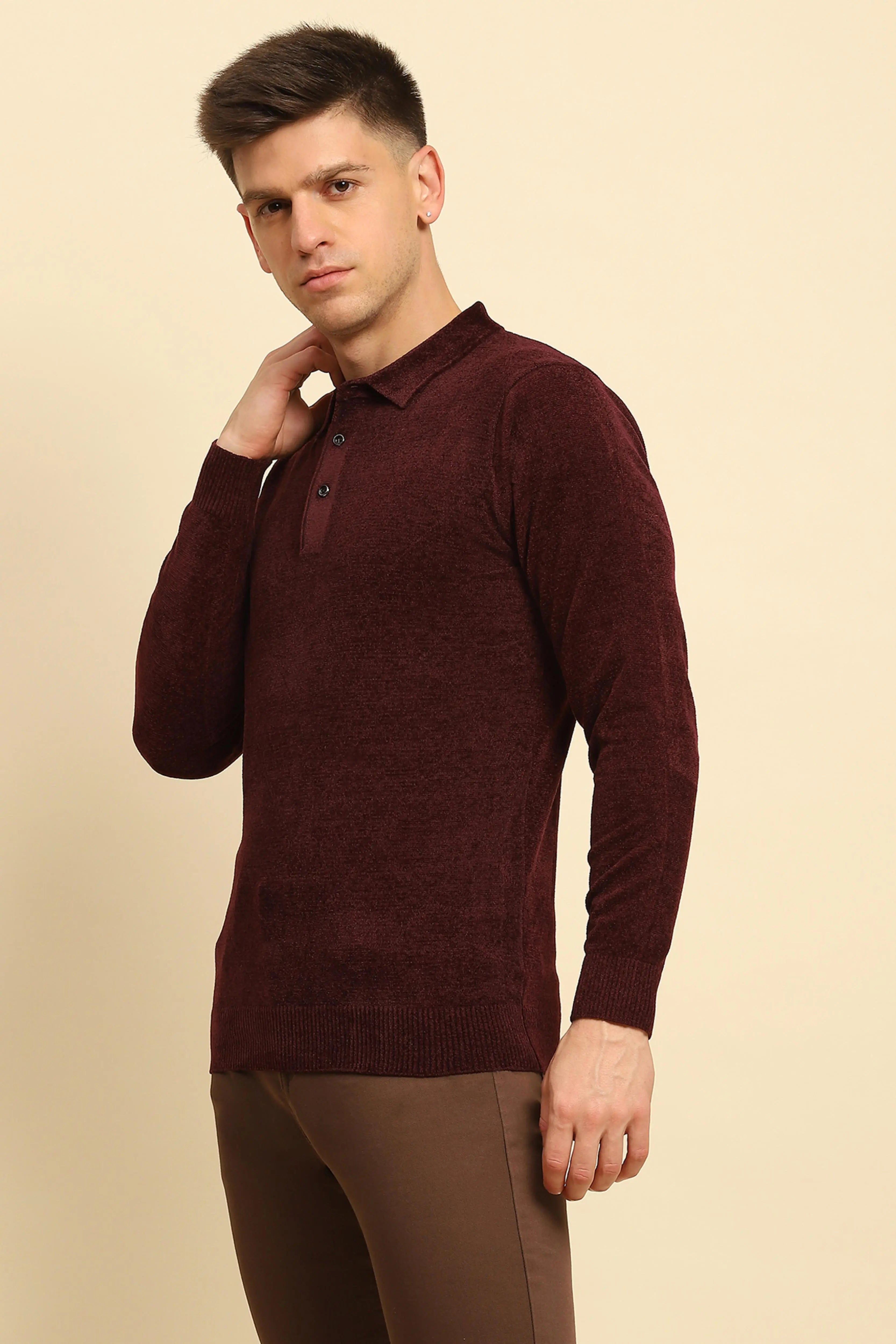 Maroon Velvet Solid Pullover - Global Republic