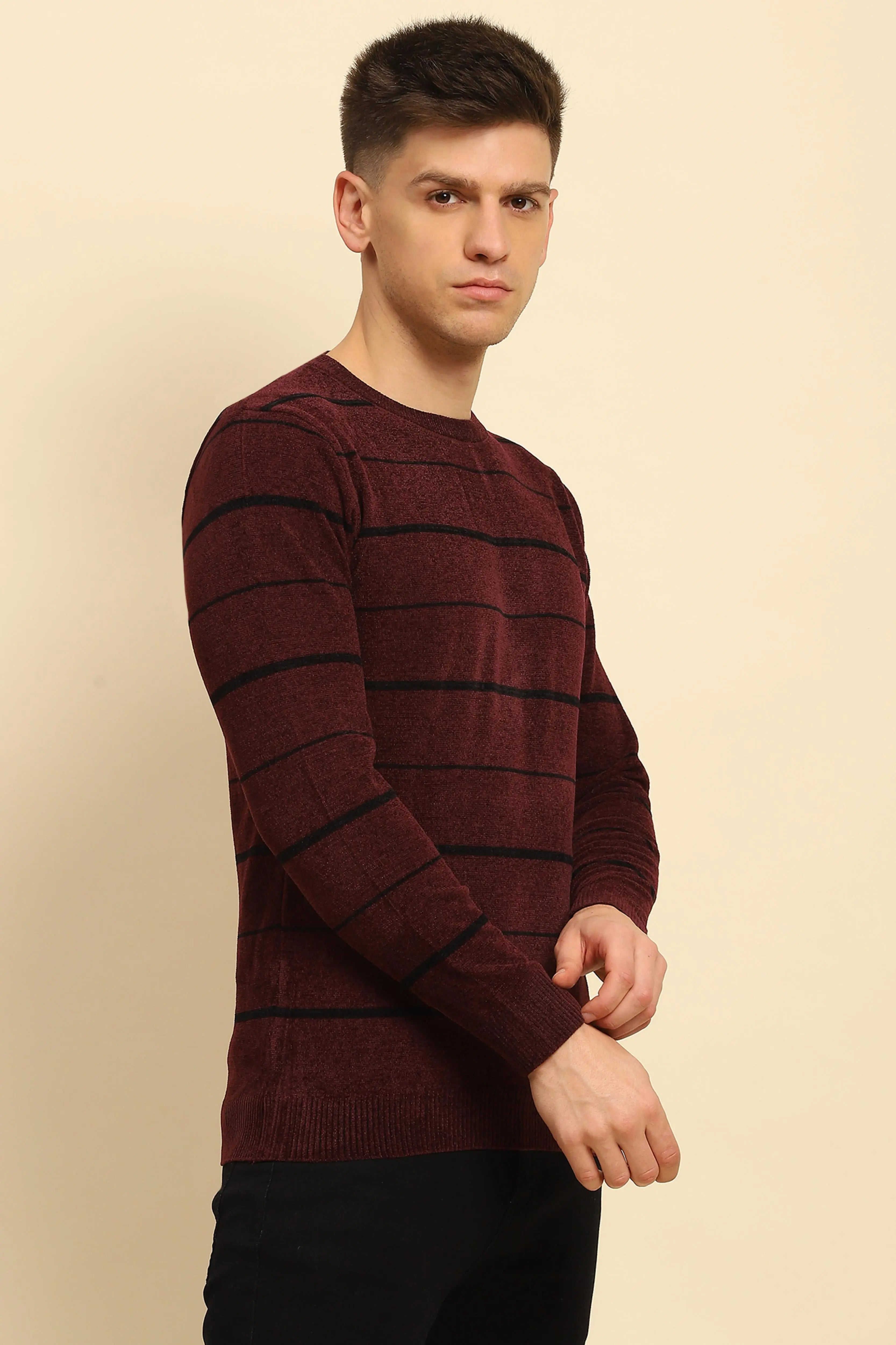 Maroon Velvet Blend Striped Pullover - Global Republic