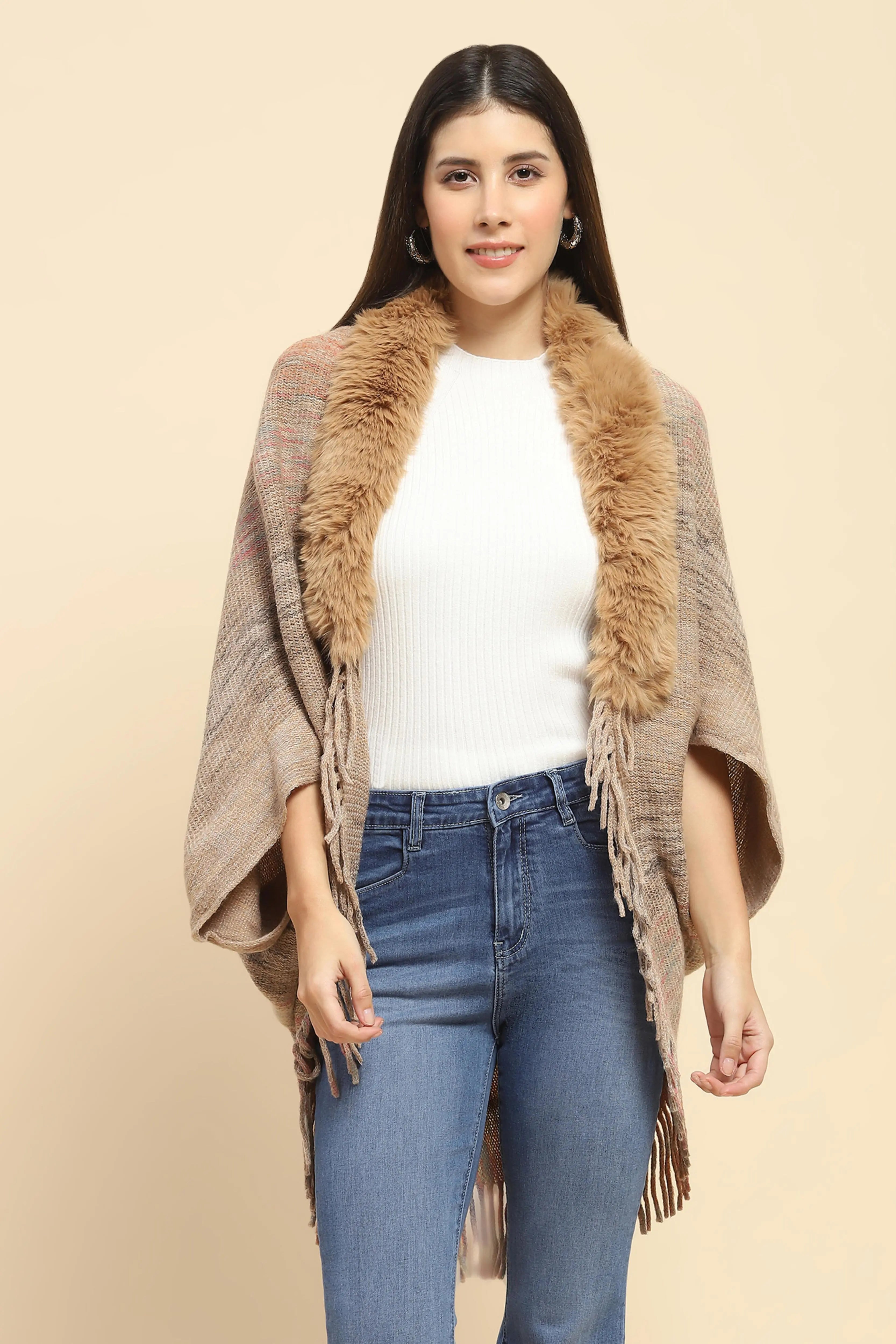Khaki Mélange Acrylic Knitted Relaxed Fit Cape - Global Republic