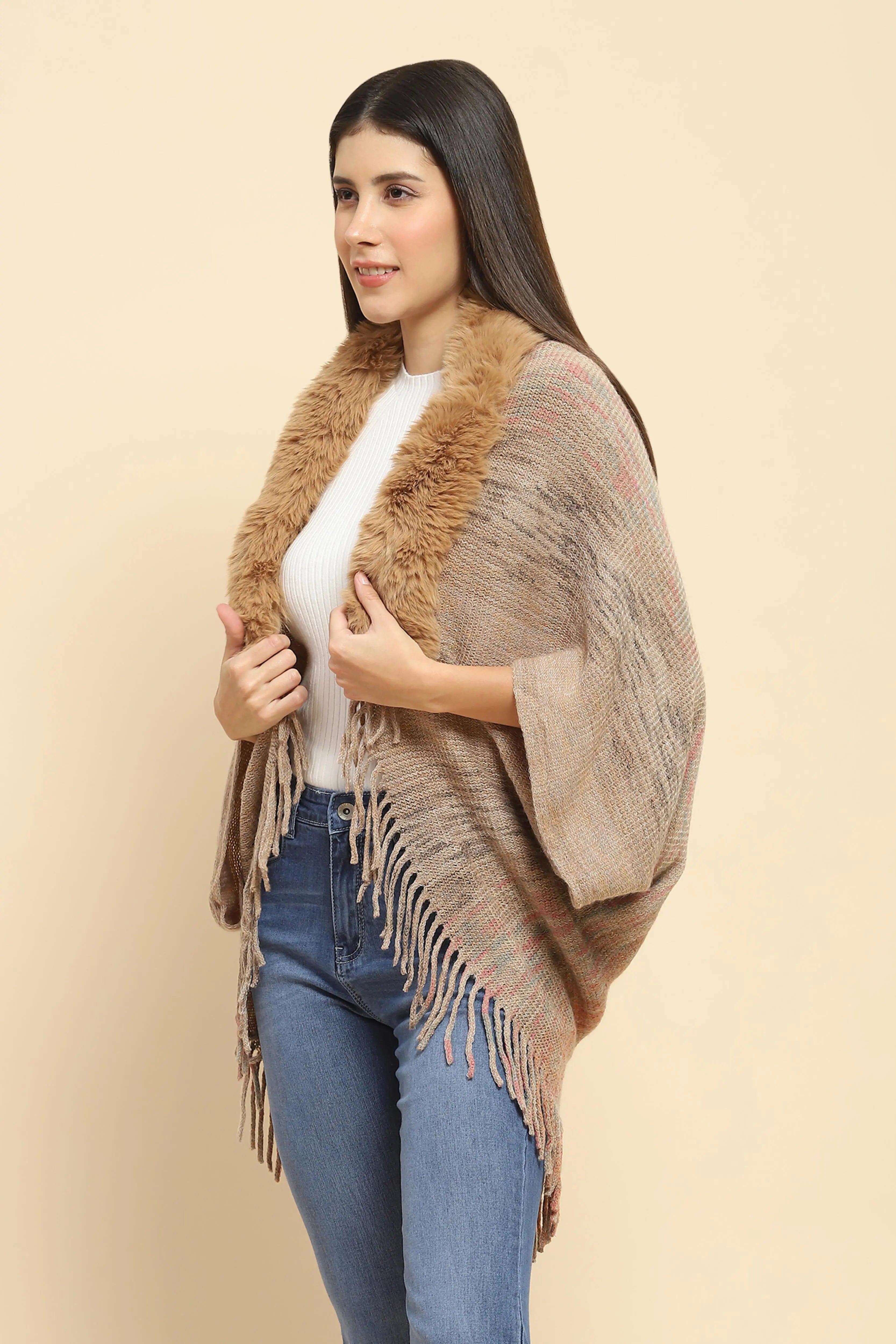 Khaki Mélange Acrylic Knitted Relaxed Fit Cape - Global Republic