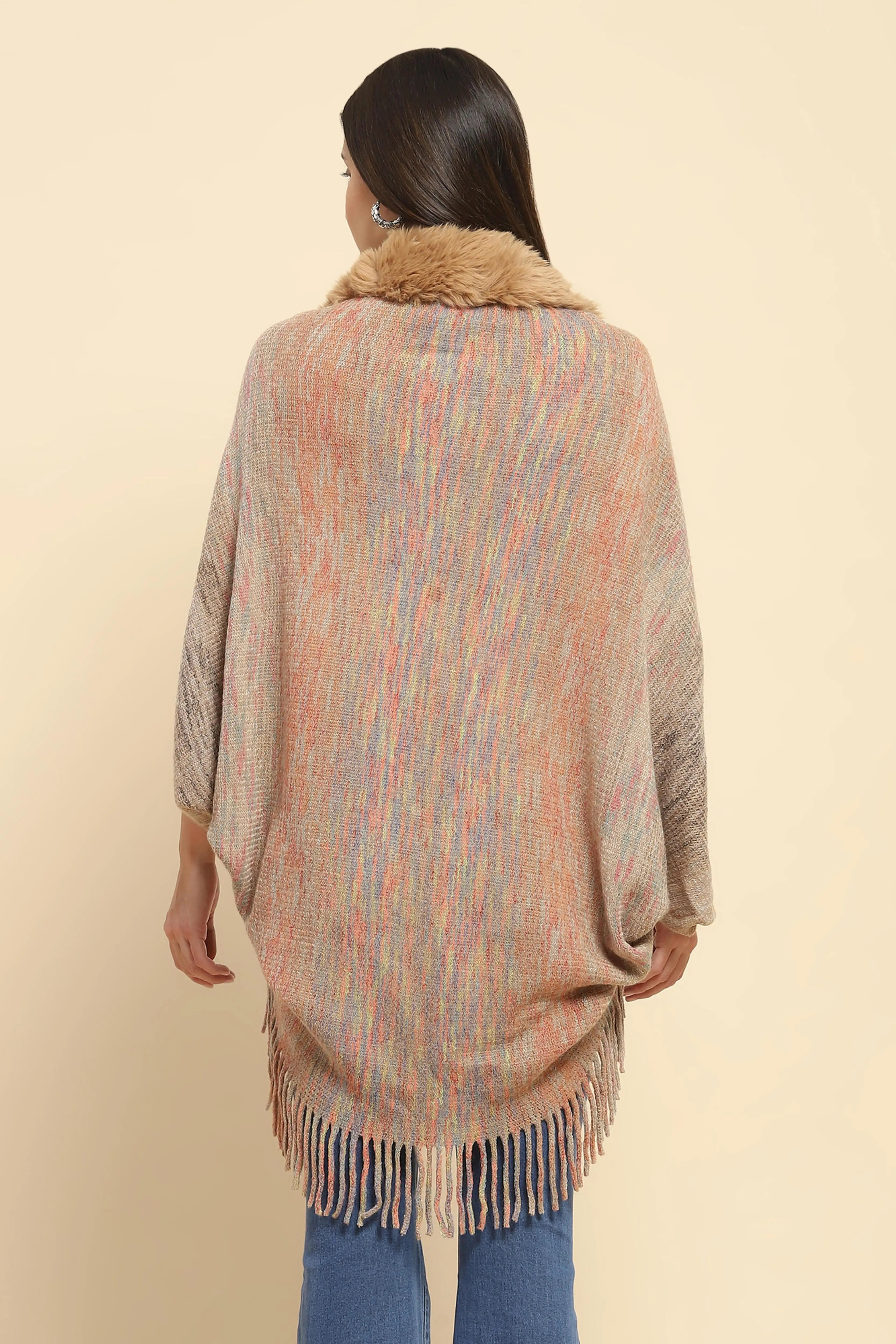 Khaki Mélange Acrylic Knitted Relaxed Fit Cape - Global Republic