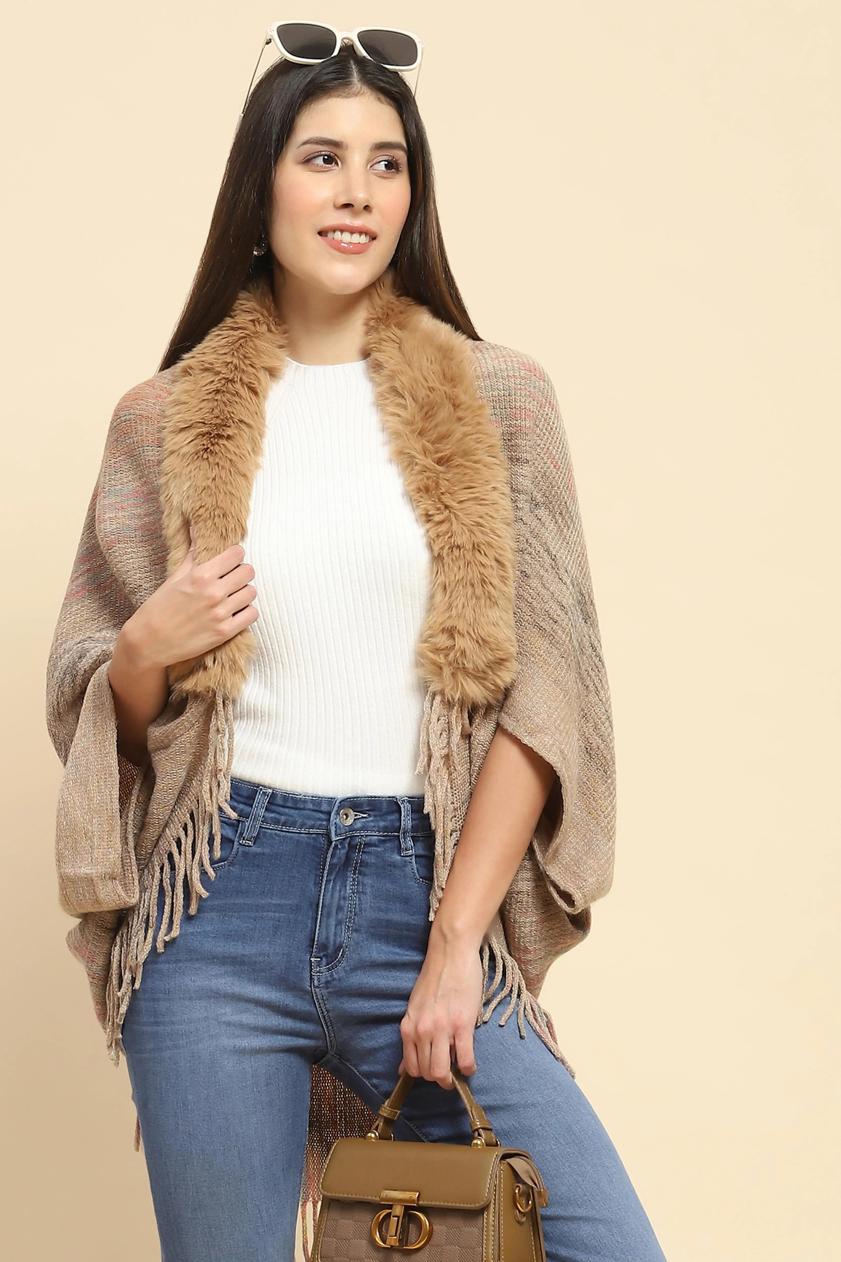 Khaki Mélange Acrylic Knitted Relaxed Fit Cape - Global Republic