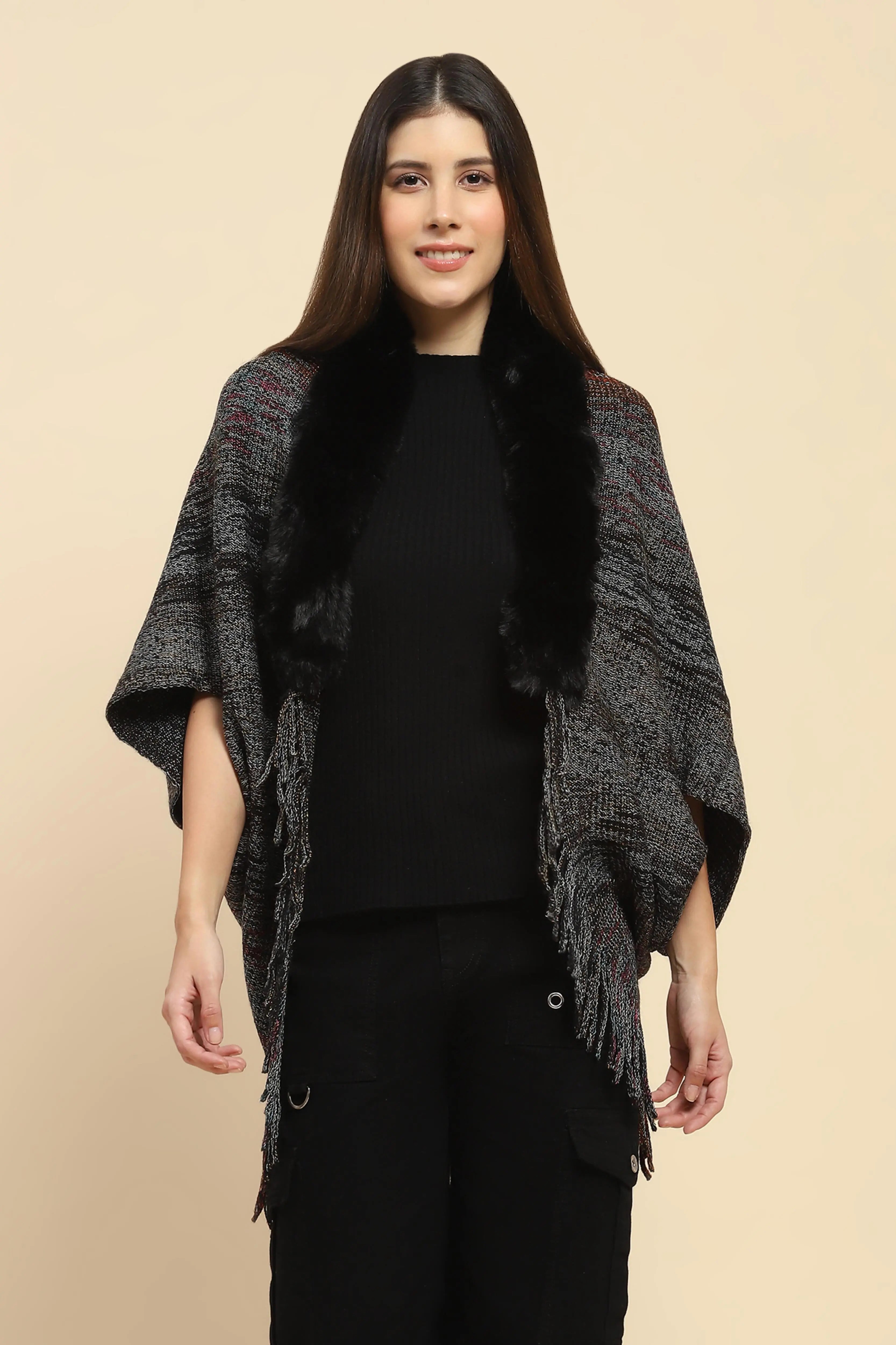 Black Mélange Acrylic Knitted Cape - Global Republic