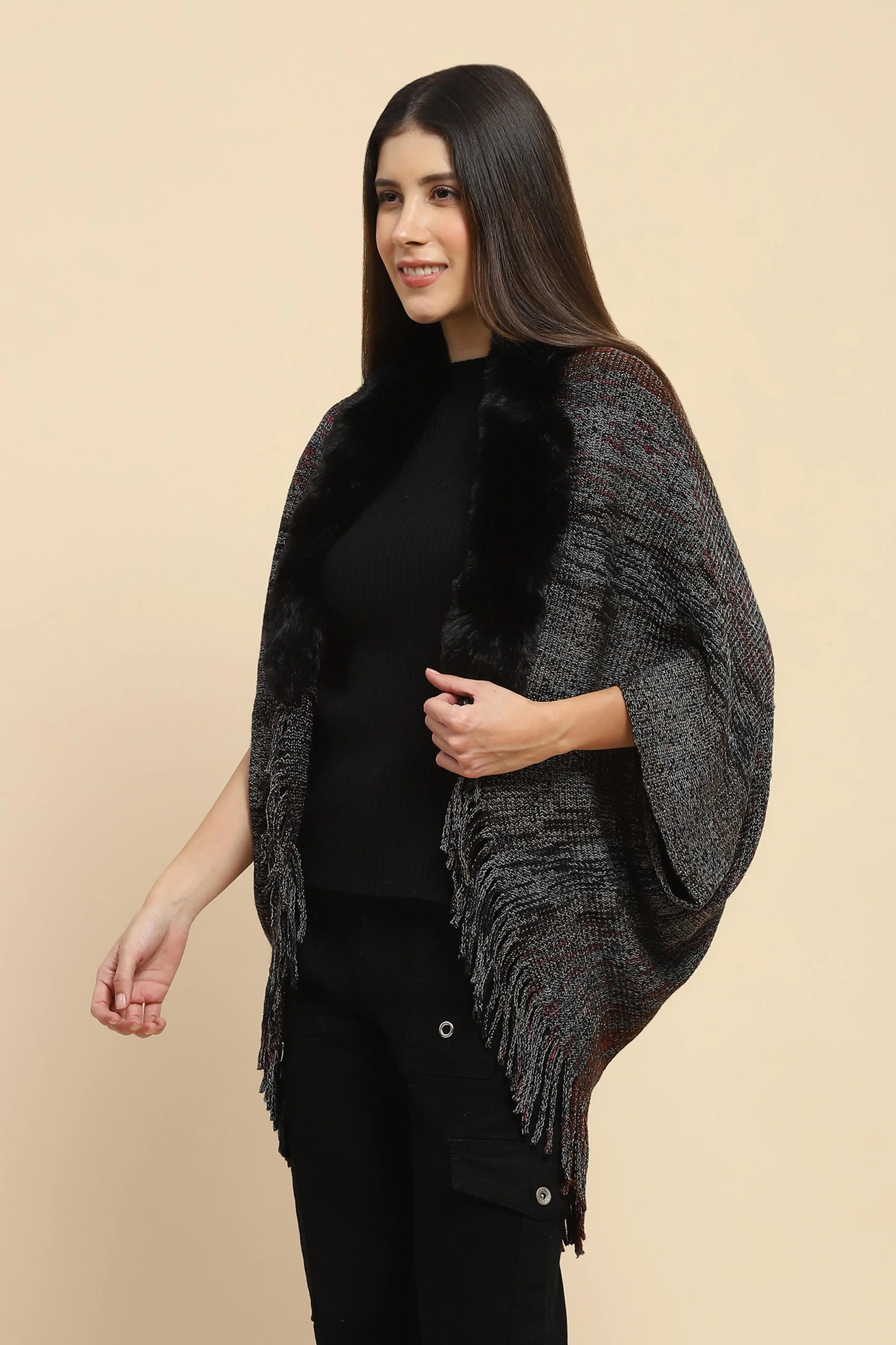 Black Mélange Acrylic Knitted Cape - Global Republic