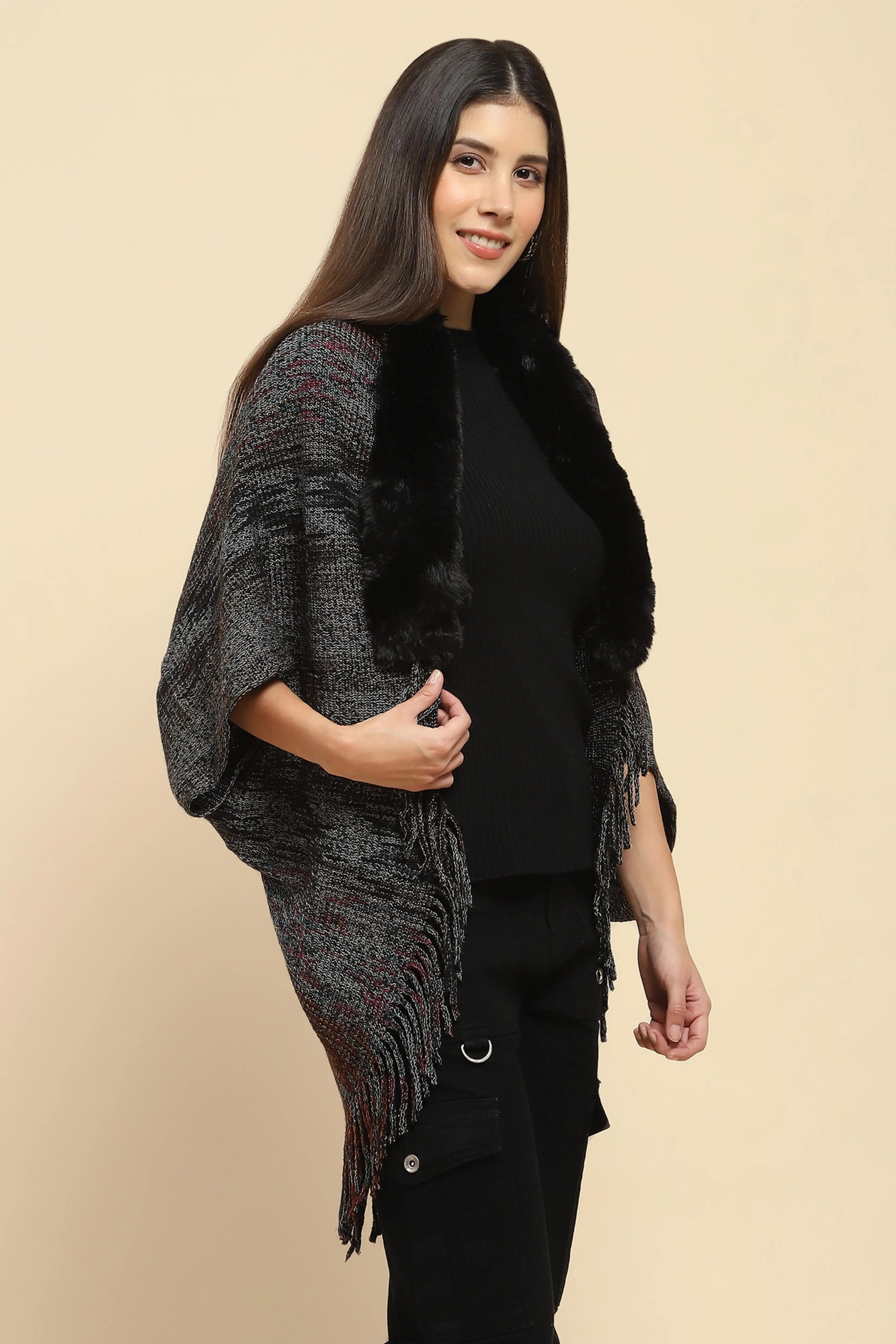 Black Mélange Acrylic Knitted Cape - Global Republic