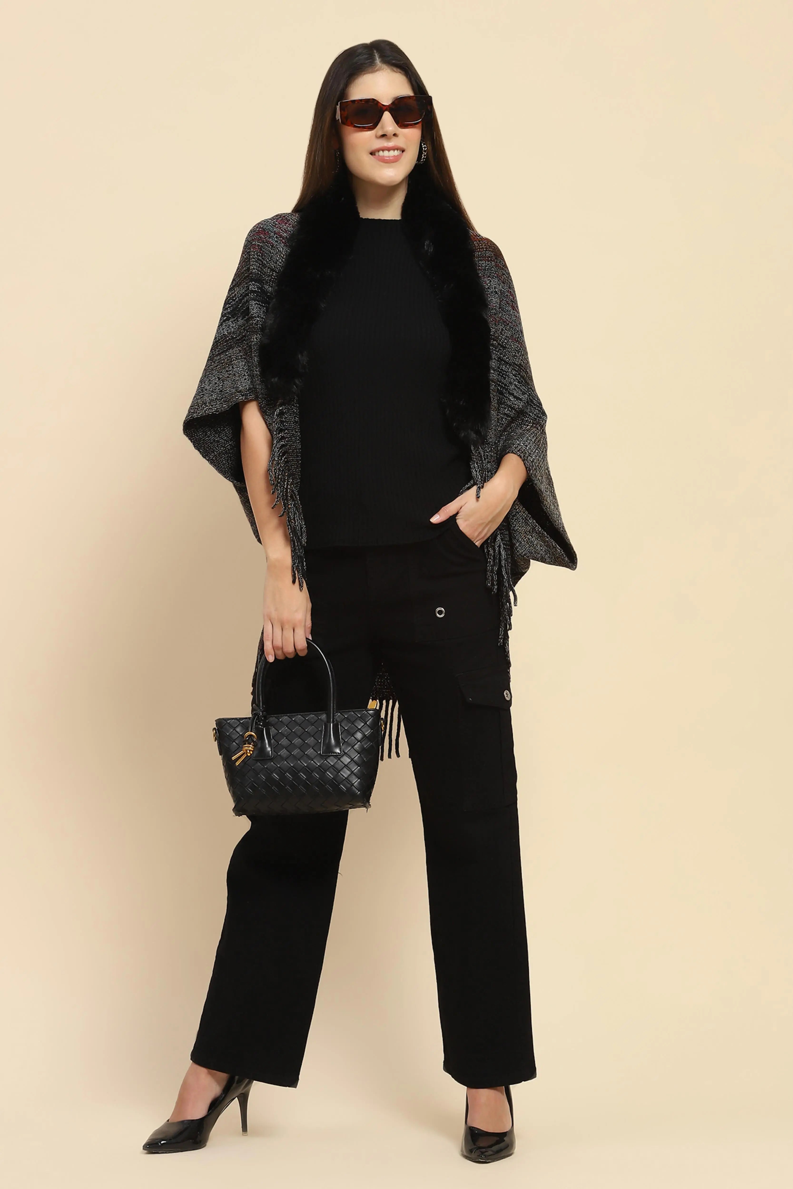 Black Mélange Acrylic Knitted Cape - Global Republic