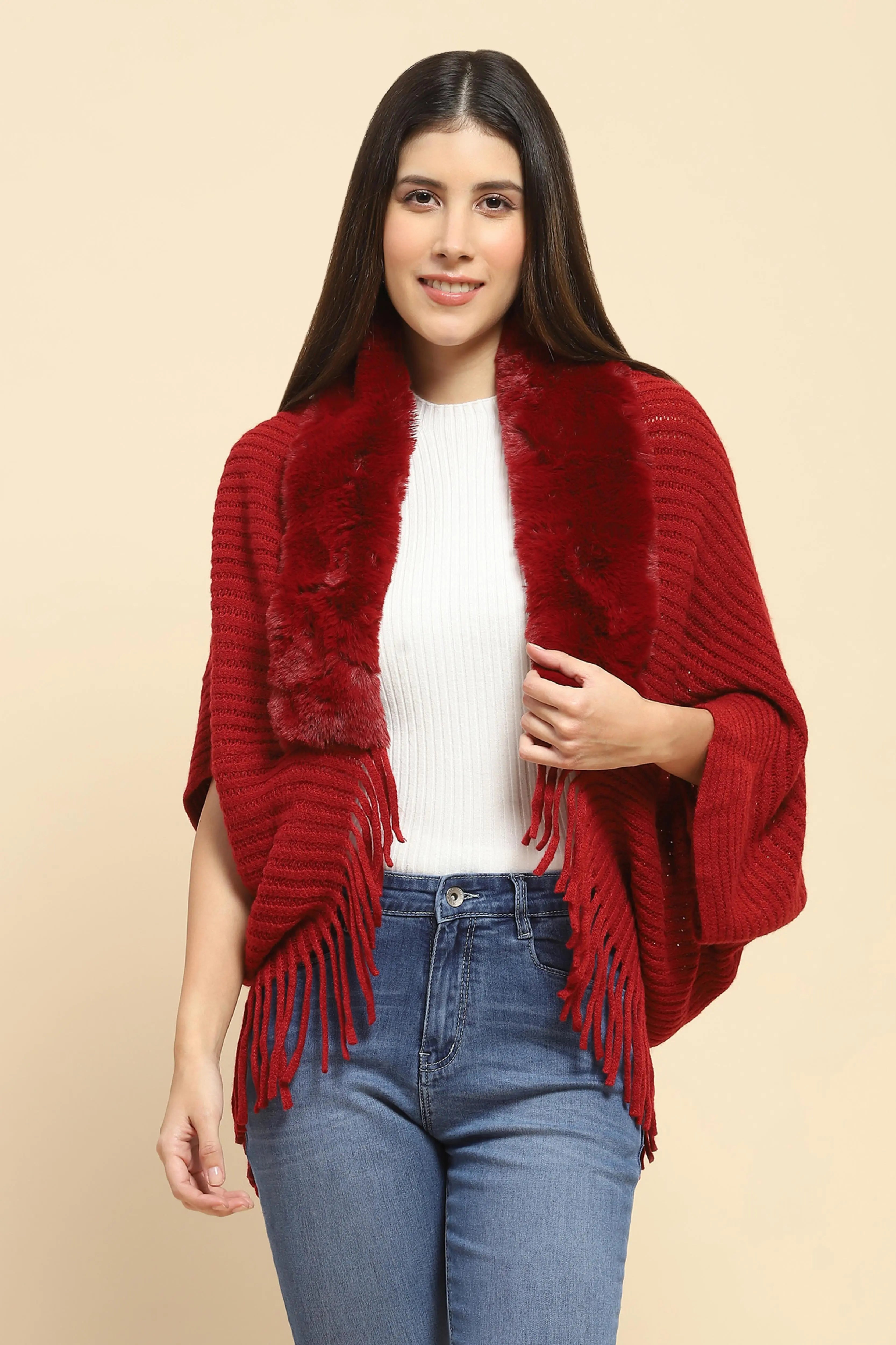 Maroon Acrylic Knitted Cape - Global Republic