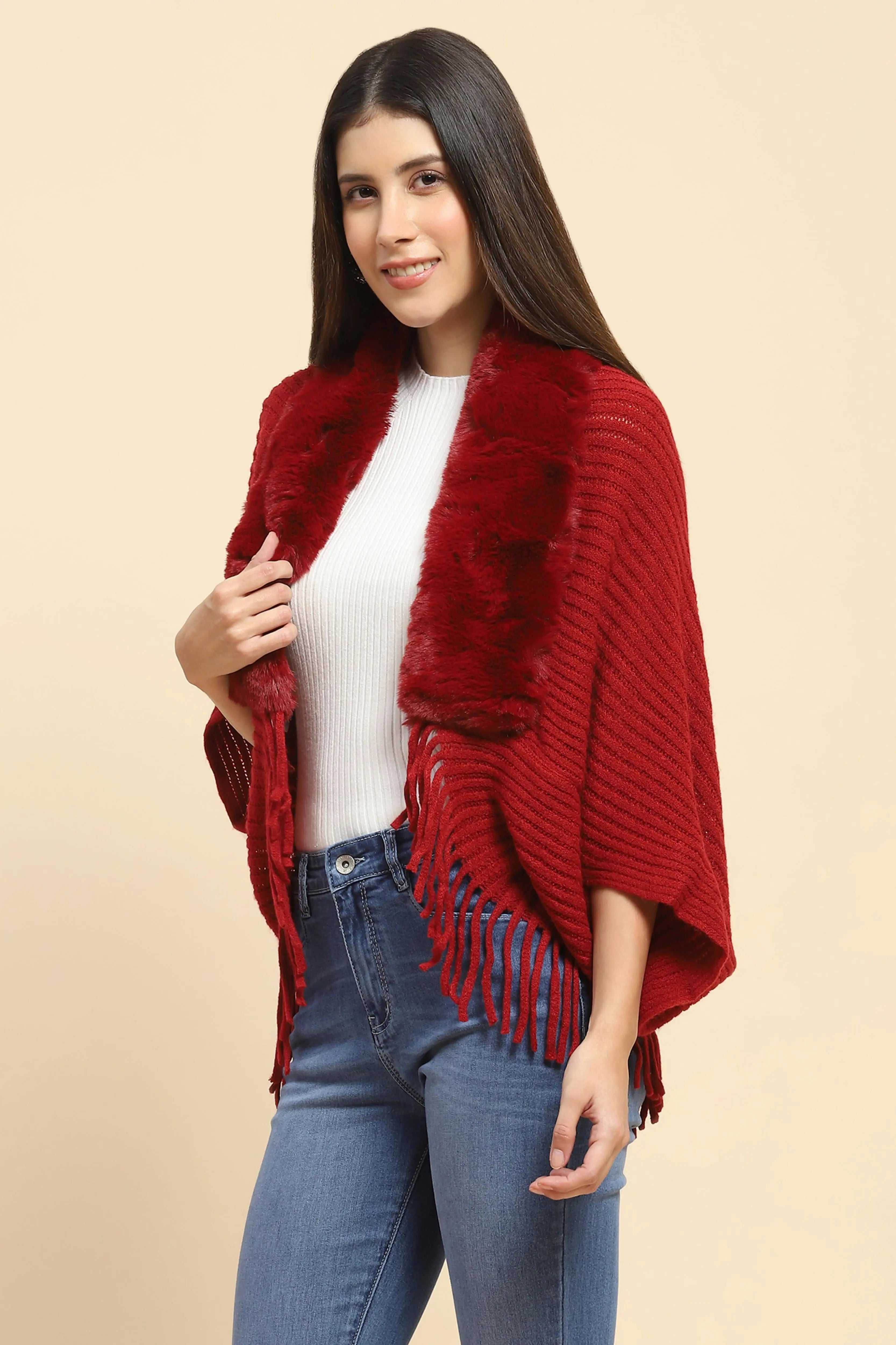 Maroon Acrylic Knitted Cape - Global Republic