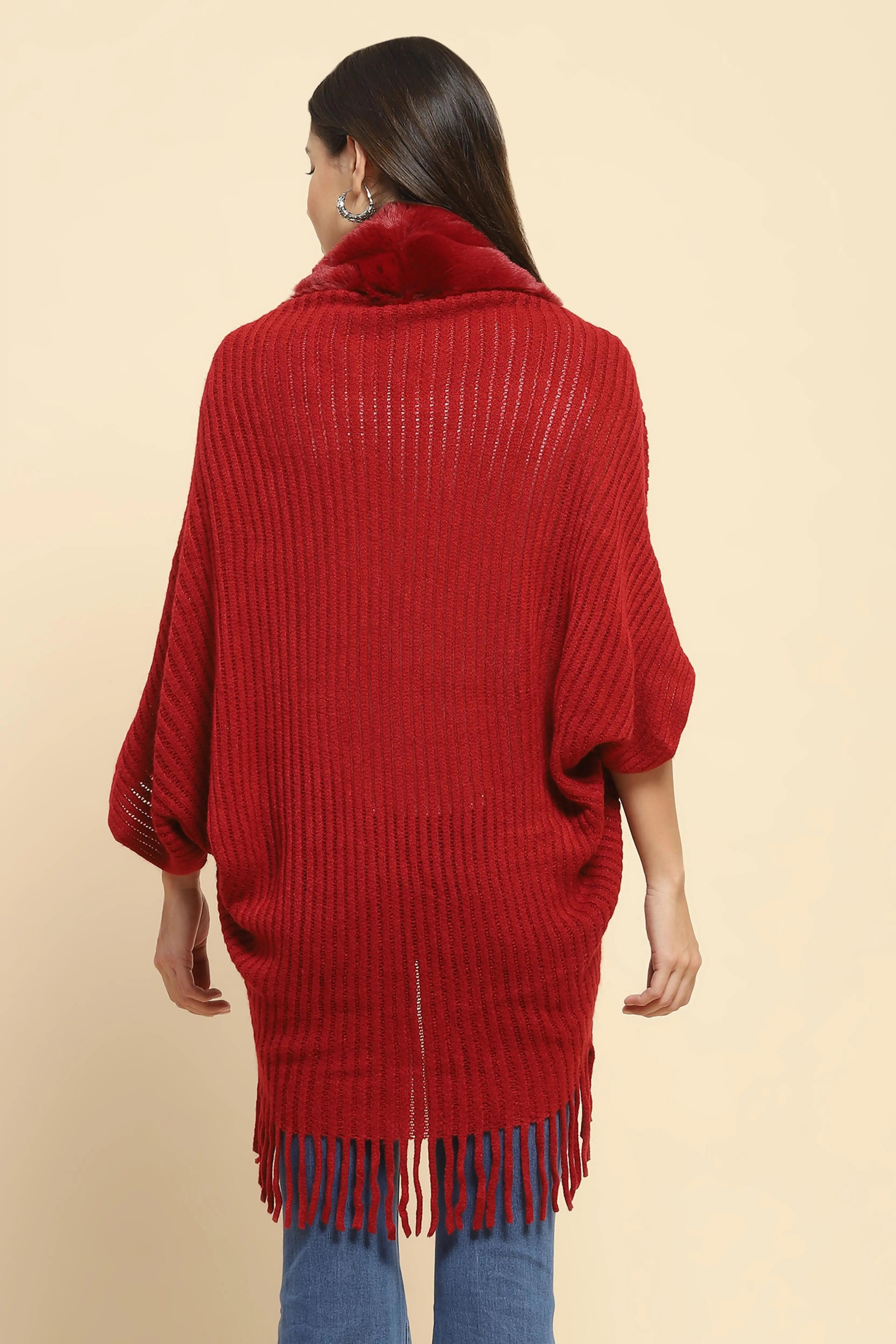 Maroon Acrylic Knitted Cape - Global Republic