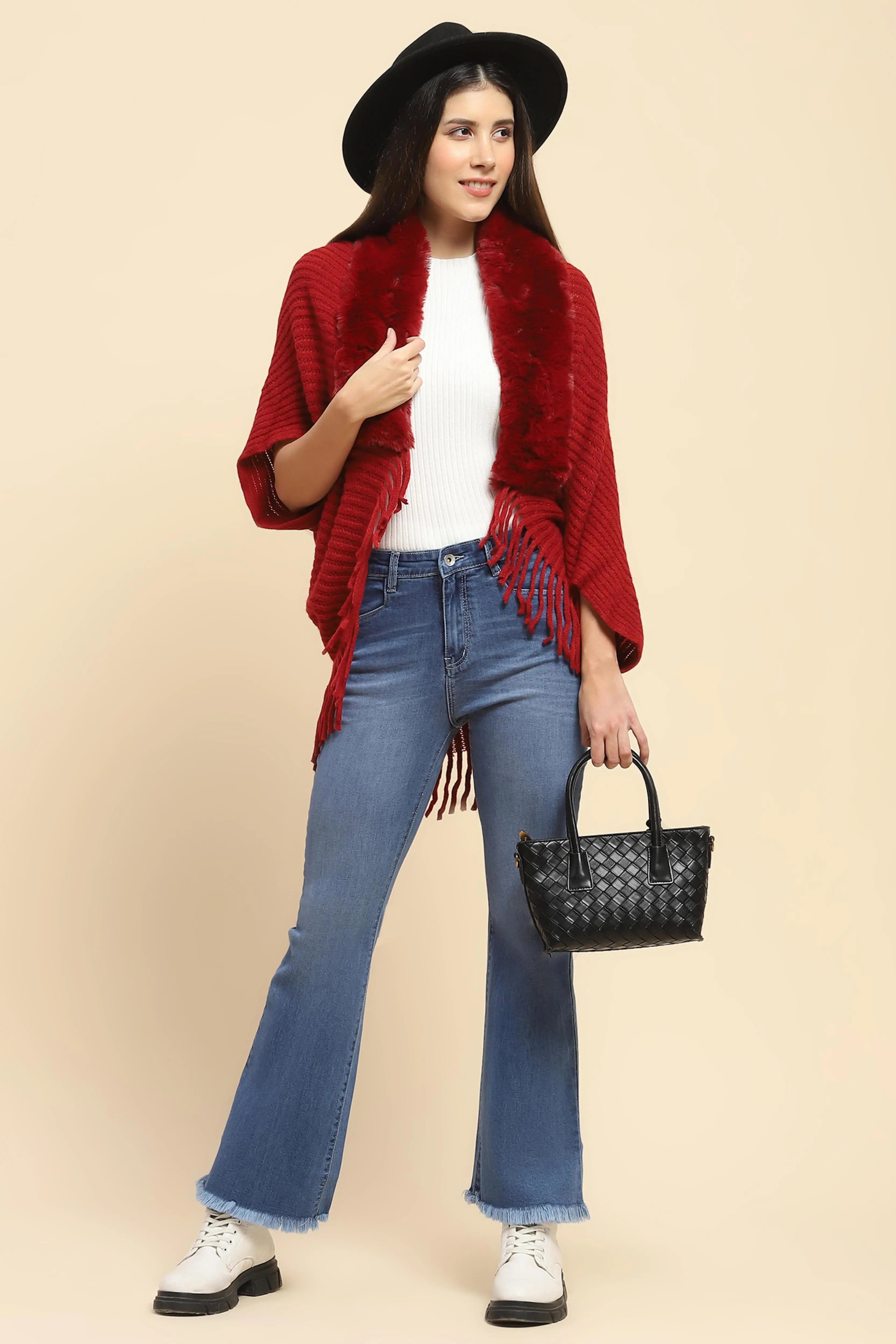 Maroon Acrylic Knitted Cape - Global Republic