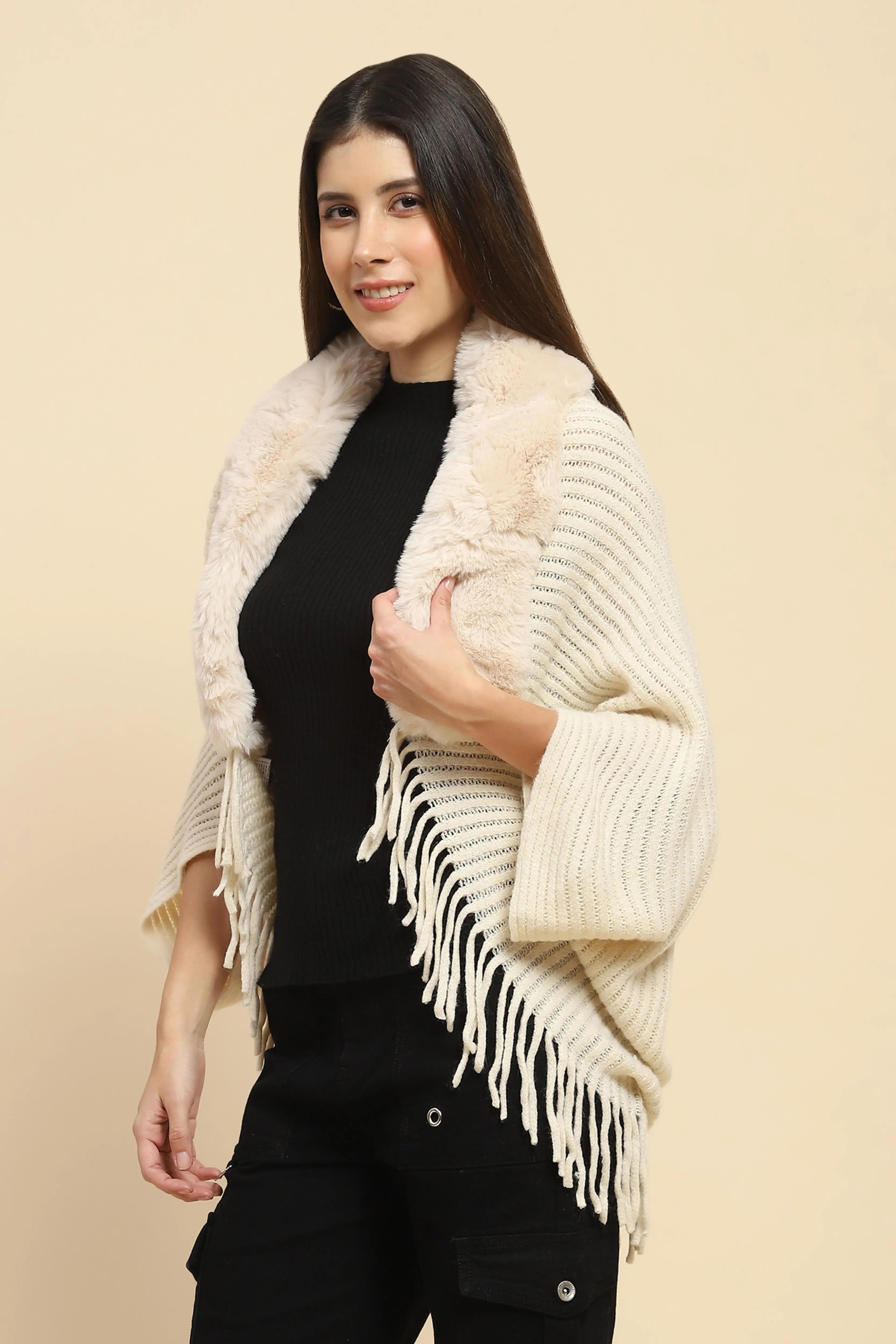 Off White Acrylic Knitted Relaxed Fit Cape - Global Republic