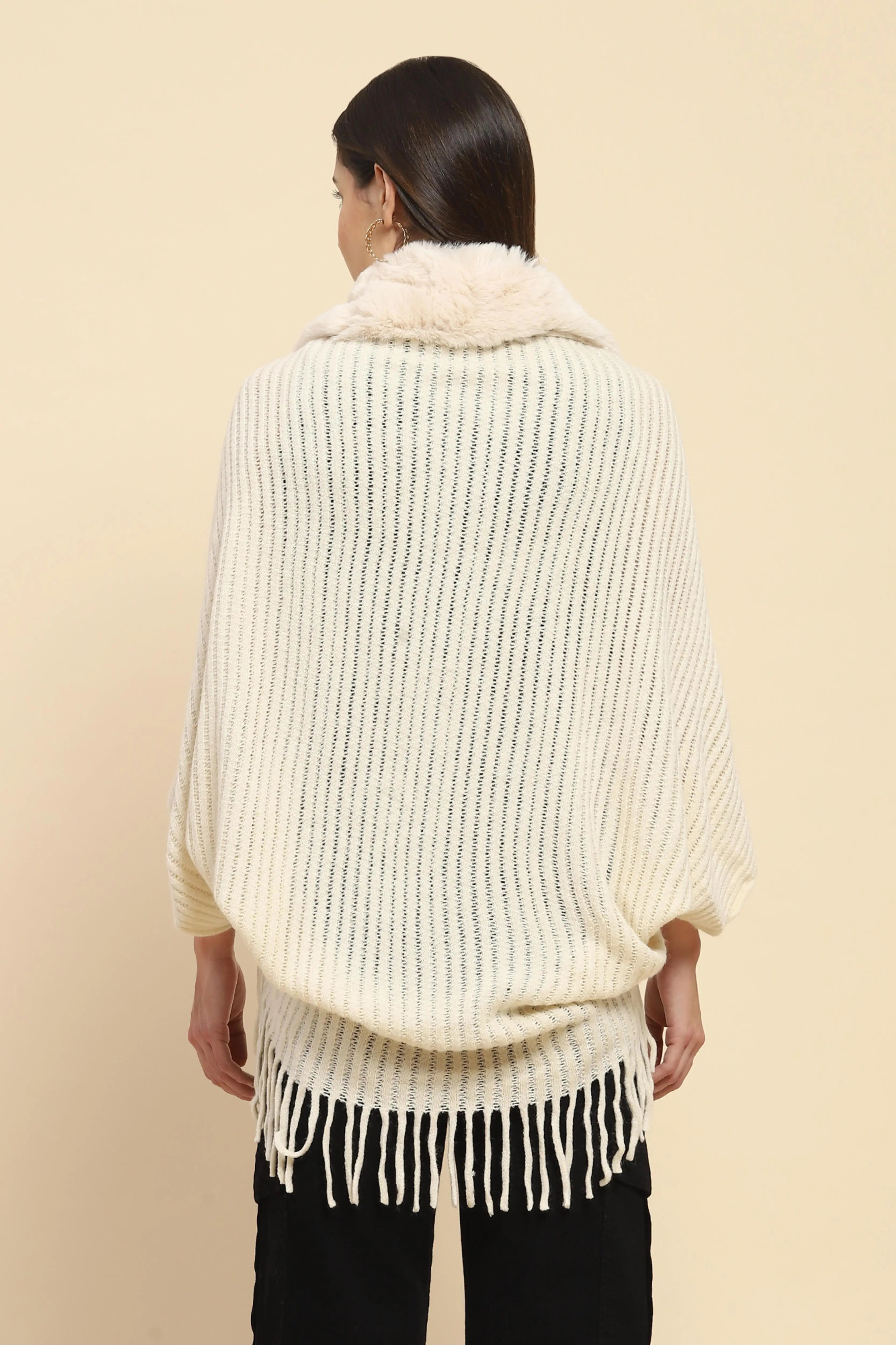 Off White Acrylic Knitted Relaxed Fit Cape - Global Republic